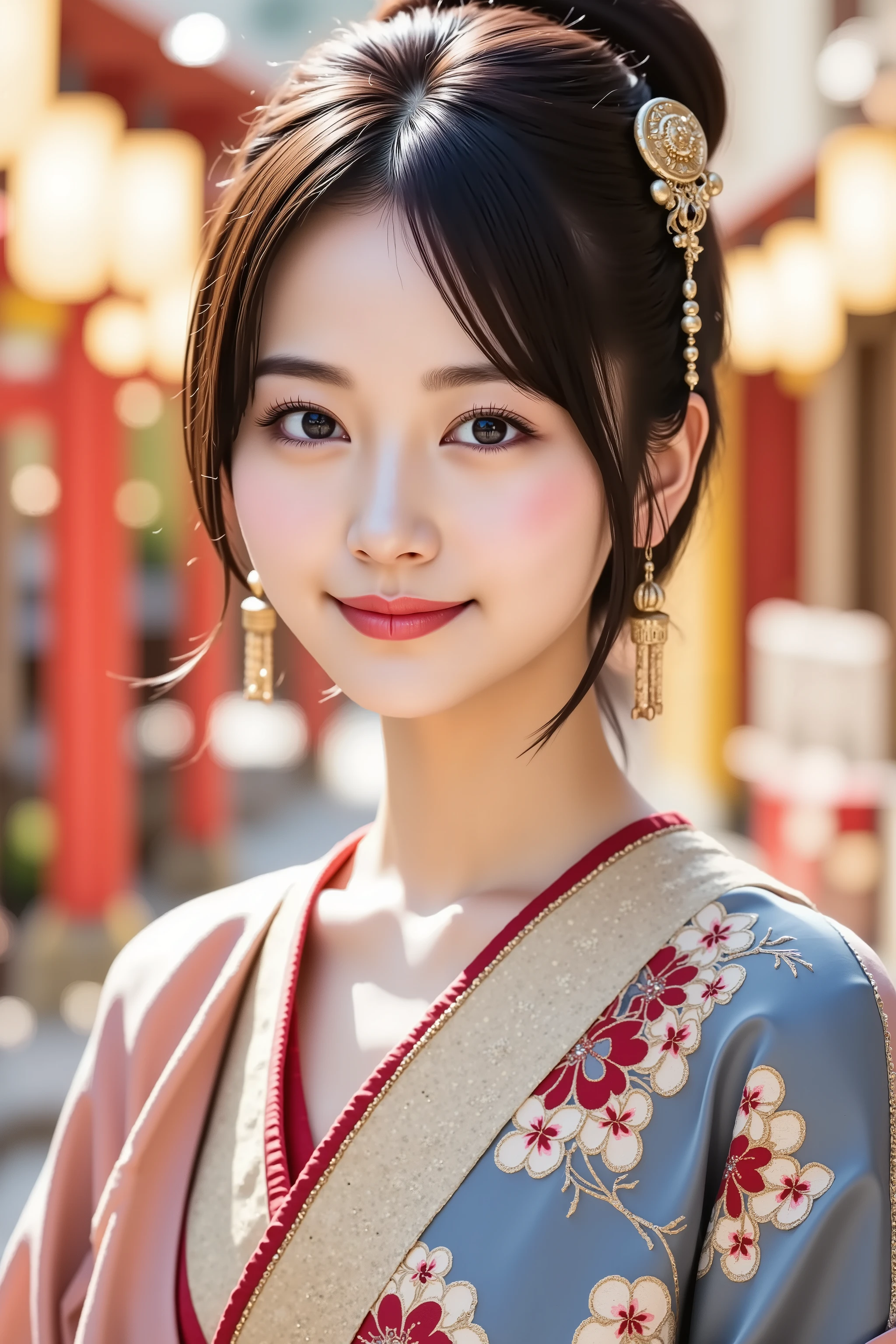 A highly detailed and ultra-realistic digital illustration of a beautiful young Asian woman, explicitly framed from just above her chest upwards, ensuring her entire head is fully visible, including the crown. Her delicate facial features are perfectly centered, with radiant, softly blushed skin and a bright, open smile revealing her teeth, giving a warm and joyful expression. Her naturally pink lips are slightly parted, showcasing a friendly and inviting smile. Her large, expressive eyes sparkle with life, framed by delicate eyelashes and subtle, elegant makeup, enhancing the liveliness of her expression.
Her sleek black hair is styled into an elegant high bun, carefully coiled into a traditional Japanese odango (bun) hairstyle. A pair of decorative hair sticks pierce through the bun, featuring intricate golden engravings and small dangling ornaments. Strands of hair softly escape from the bun, adding a natural touch to her refined appearance.
She wears an exquisite, traditional Japanese furisode kimono, adorned with intricate cherry blossom patterns and elegant golden embroidery, showcasing rich cultural aesthetics. The long, flowing sleeves add depth and grace to her appearance, while a vibrant obi belt with delicate embroidery enhances the authenticity of her attire.
The background features a lively Japanese festival scene, filled with glowing paper lanterns, vibrant red torii gates, and bustling festival stalls selling traditional street food and colorful decorations. Soft bokeh lights from distant festival lanterns create a warm, immersive ambiance, while a subtle golden glow highlights the intricate patterns of her kimono. The festive setting enhances the celebratory atmosphere, immersing the viewer in the rich tradition and beauty of a Japanese matsuri.
The overall image is crystal-clear, hyper-detailed, and rendered in stunning 8K resolution, ensuring breathtaking realism and depth.