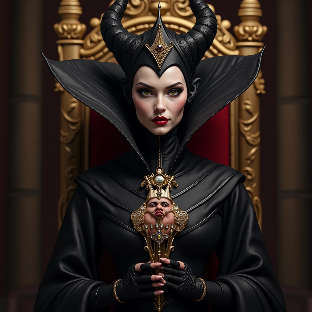 Dark evil fairy Maleficent sitting on the throne with scepter in hand --auto --s2