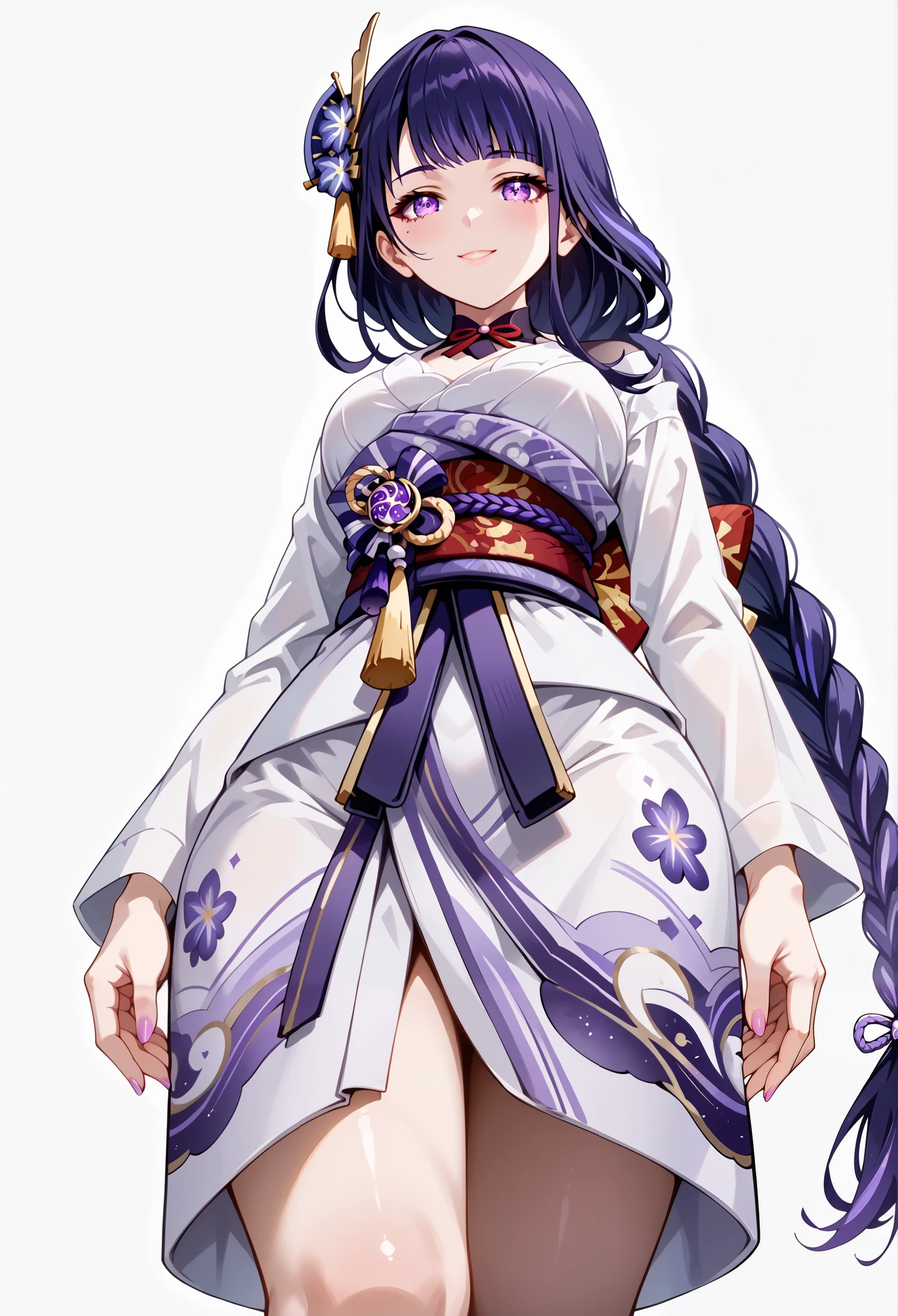 score_9, score_8_up, score_7_up, source_anime, 4K,perfect fingers,(perfect hands, perfect anatomy),prefect lighting, very aesthetic, intricate details,highly detailed background, masterpiece, high quality, best quality,
raidenshogun, raiden shogun, braid, braided ponytail, hair flower, hair ornament, long hair, mole, mole under eye, purple eyes, purple flower, purple hair, single braid, large breasts,,
wearing ((cotton yukata, )),,
((White plain background:1.5)) , looking at viewer, smile, (perfect hands, perfect anatomy),cowboy shot, filed, high thigh individual , fullbody,Stand up,((front look:1.5)), ((Low Angle View:1.5)),