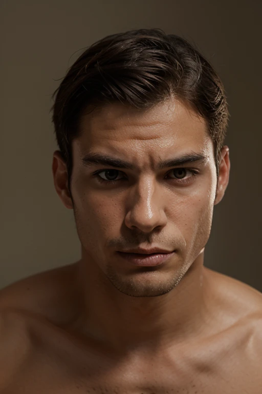 Man with a white disguise half mask, light brown skin, sensual lips, sensual expression, (shaved), natural lights, detailed face and eyes, a few moles on the face, 8k, hd, sharp focus, professional, best quality, realistic male portrait, man in his thirties, shirtless man, Mask Masquerade, disguise half mask, 