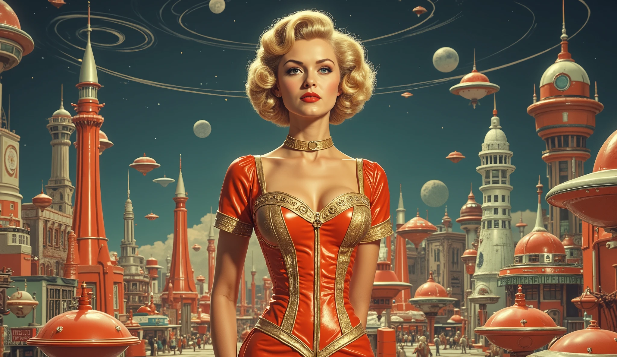 Mid-century futuristic woman, blonde, 30s, confident, and elegant. She's centered in a stylized space-age cityscape scene. Wearing a form-fitting, metallic red and gold corset-style top and skirt; the bodice features intricate geometric designs. Her expression is composed and alluring. Her blonde hair is styled in classic 1950s fashion. A gold choker necklace complements her outfit. Deep blue night sky with scattered stars; planets and orbiting rings of light in the background. Red and orange spaceships, flying saucers, and rockets litter the scene. Cityscapes composed of futuristic buildings and structures in pastel colors. Robots are featured in the foreground; detailed and realistic in style. The image displays a high-key lighting, emphasizing a glamorous and surreal mood. Retro-futuristic, photorealistic, collage style. Art Deco and Space Age influences. Wide perspective, focal point on the woman, with strong focus on color and shape. Shiny, glossy textures on the woman's outfit, contrasted with the matte finish of the spaceships and robots. Overall, the image projects an optimistic, captivating, and dreamy atmosphere.