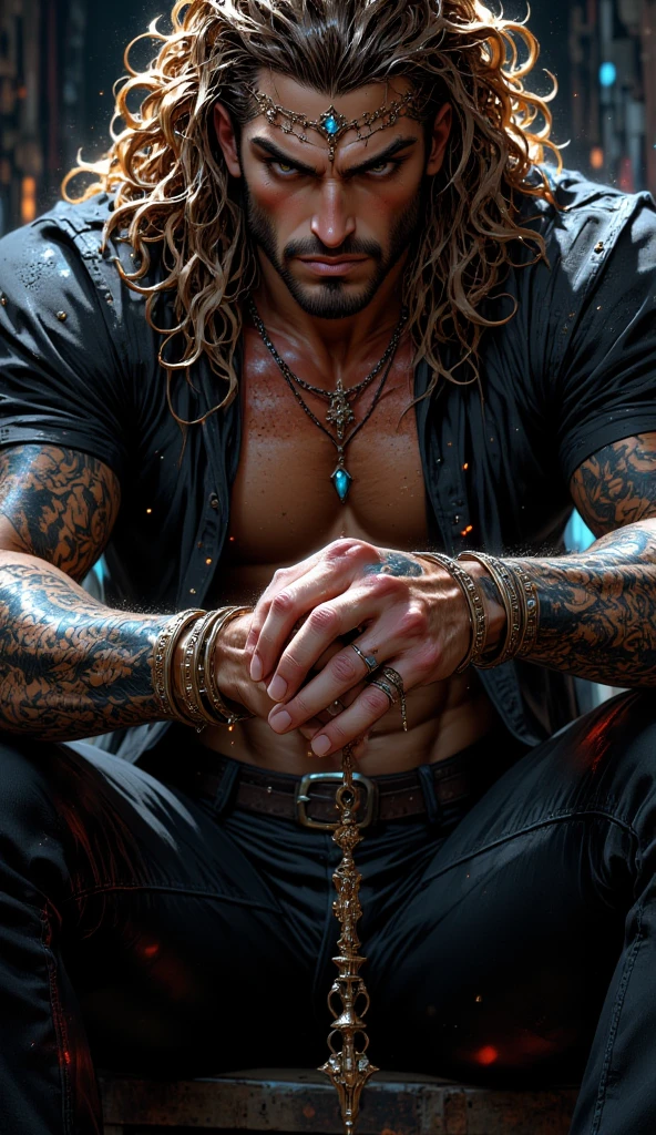 Handsome Scottish Man, blue eyes and long brown hair with blonde highlights. Arab clothes, he is muscular and has tattoos, keffiyeh on the head, loose hair with braids, he is beautiful and seductive, light red lips, perfect nose. The man looks like a god, beautiful belly and elegant pants and suit 