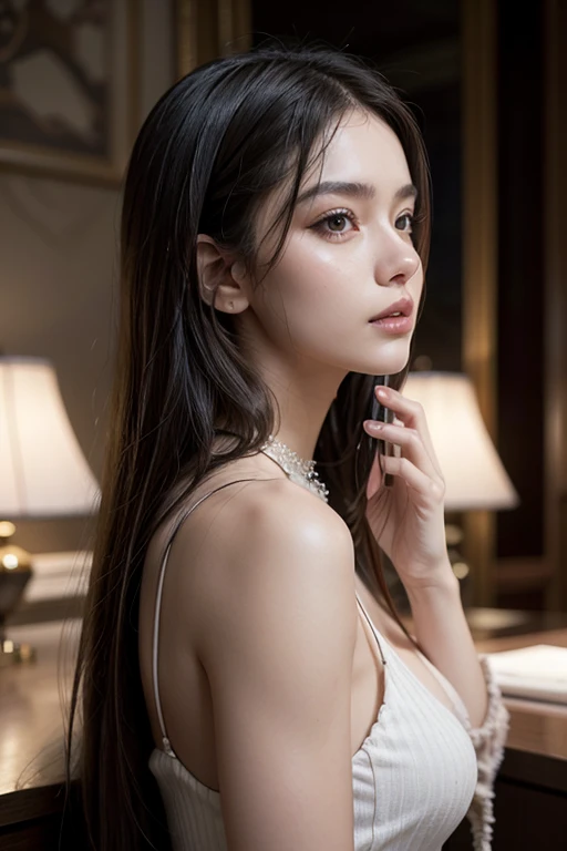 Best quality, masterpiece, high resolution, 1girl, porcelain dress, hair accessories, necklace, jewelry, beautiful face, on the body, Tyndall effect, realistic, dark studio, edge lighting, two-tone lighting, (high detail skin: 1.2), 8k UHD, dslr, soft light, high quality, volumetric light, candid, photo, high resolution, 4k, 8k, background blur,