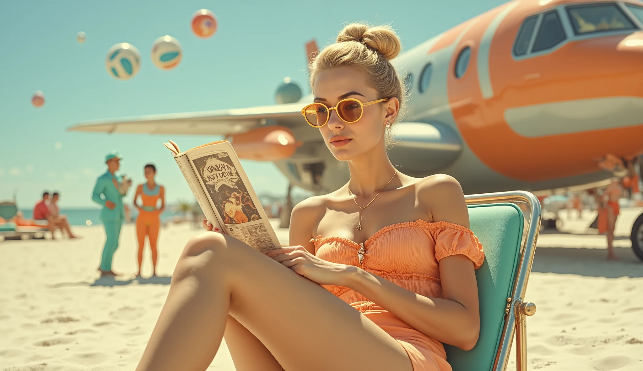 Young woman, light blonde hair in a bun, mid-20s, wearing a vibrant peach-orange, ruffled, off-the-shoulder top and mini-skirt.  Fashionable and retro style.  Large, peach-orange sunglasses.  Relaxed pose, sitting in a teal and gold metal beach chair, reading a magazine.  Smooth, tanned skin, neutral makeup, and a calm, serene expression.  Light, airy, and sunny aesthetic.  White sand beach setting, with a futuristic, retro feel.  A vintage-style jet, orange and white, is partially visible in the background, with astronauts in retro space suits.  Floating, colorful objects (balloons/decorations)  and futuristic elements add to a playful, sci-fi-inspired setting.  Golden hour lighting, bright and vibrant colors.  Focus on the woman's posture and expression, emphasizing the fashion and the unique composition.  High-key lighting and a wide-angle shot.  Retro futuristic, vibrant, and playful style.  Fashion editorial aesthetic.  Photographic rendering.