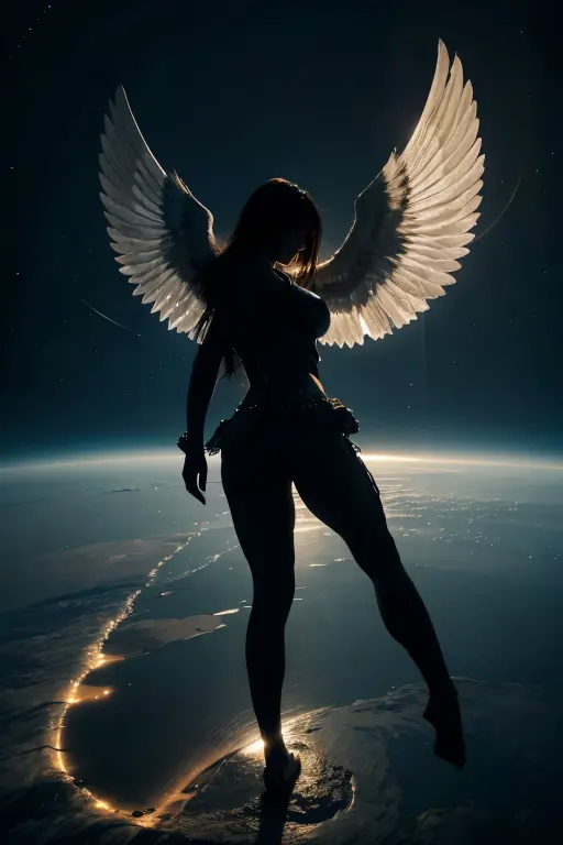 silhouette angel, magestic wings, incredibly beautiful earth, diamonds caustics, ultra-detailed, 8k, dynamic lighting