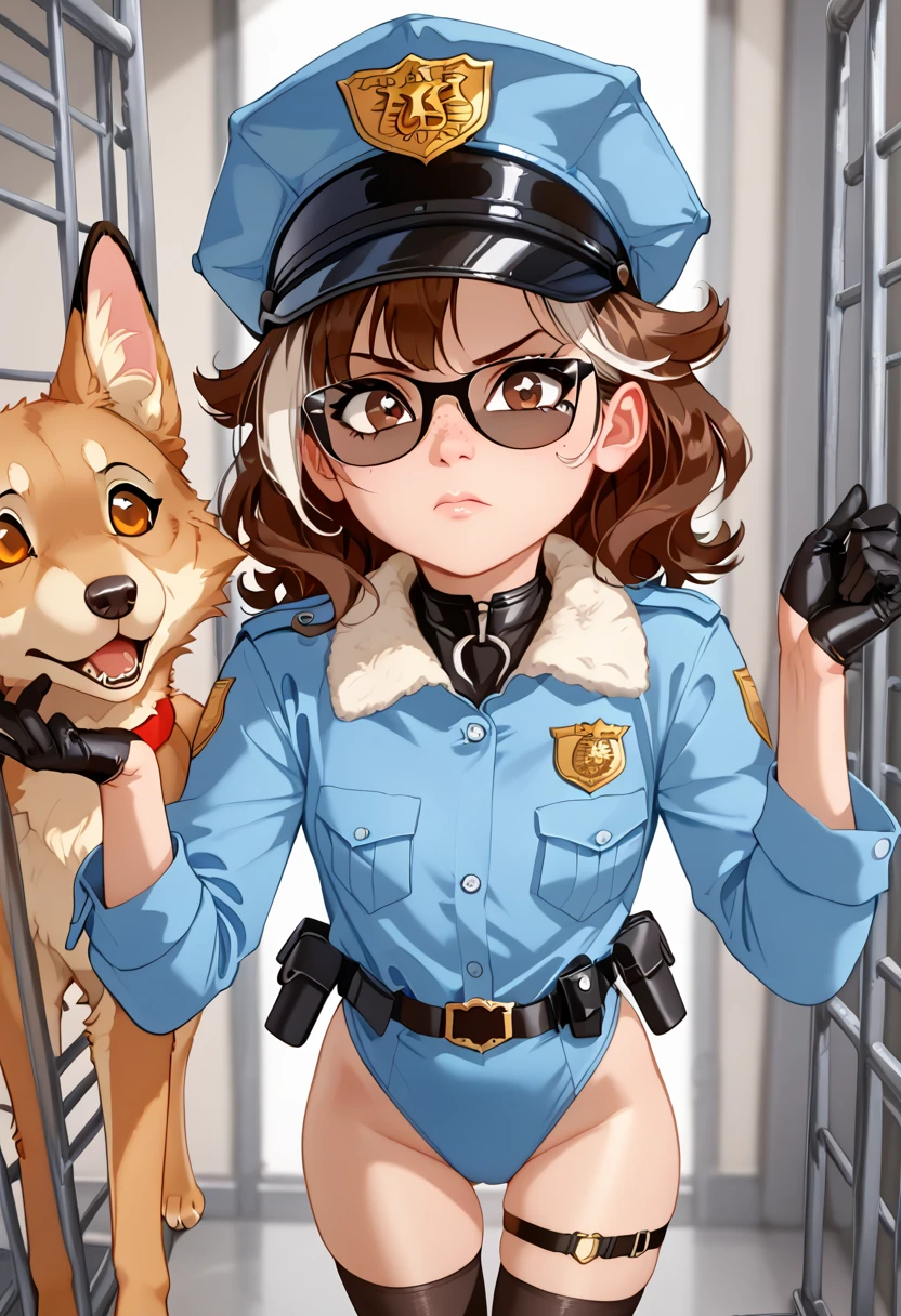 score_9, score_8_up, score_7_up, score_6_up, 1girl, young model, disapproving expression, (short brown hair), uneven bangs, straight hair, (wavy hair tips), (((brown hair with white highlights))), ((white hair flaps)), ((detailed superheroine outfit)), ((tufts of fur lining outfit)), (dog police outfit), ((fluffy fur trim)), ((tiny dark blue jacket)), collar with D-ring, multiple shades of blue outfit, (white brown black and gold accents), police star, medium breasts, utility belt, gold paw belt buckle, peaked cap, fluffy fur trimmed thigh-highs, zettai ryouiki, thigh peak, visible thigh, tiny black gloves, freckles, black glasses, ((detailed heterochromatic blue and dark brown eyes)), subtle eyeshadow, (petite, skinny, bottom-heavy, large ass, thick thighs, narrow shoulders), ((erotic)), Professional realistic studio photography, UHD, Extremely Sharp Image, ROH, perfect light and soft shadows, stern pose, in front of jail cell, prison bars