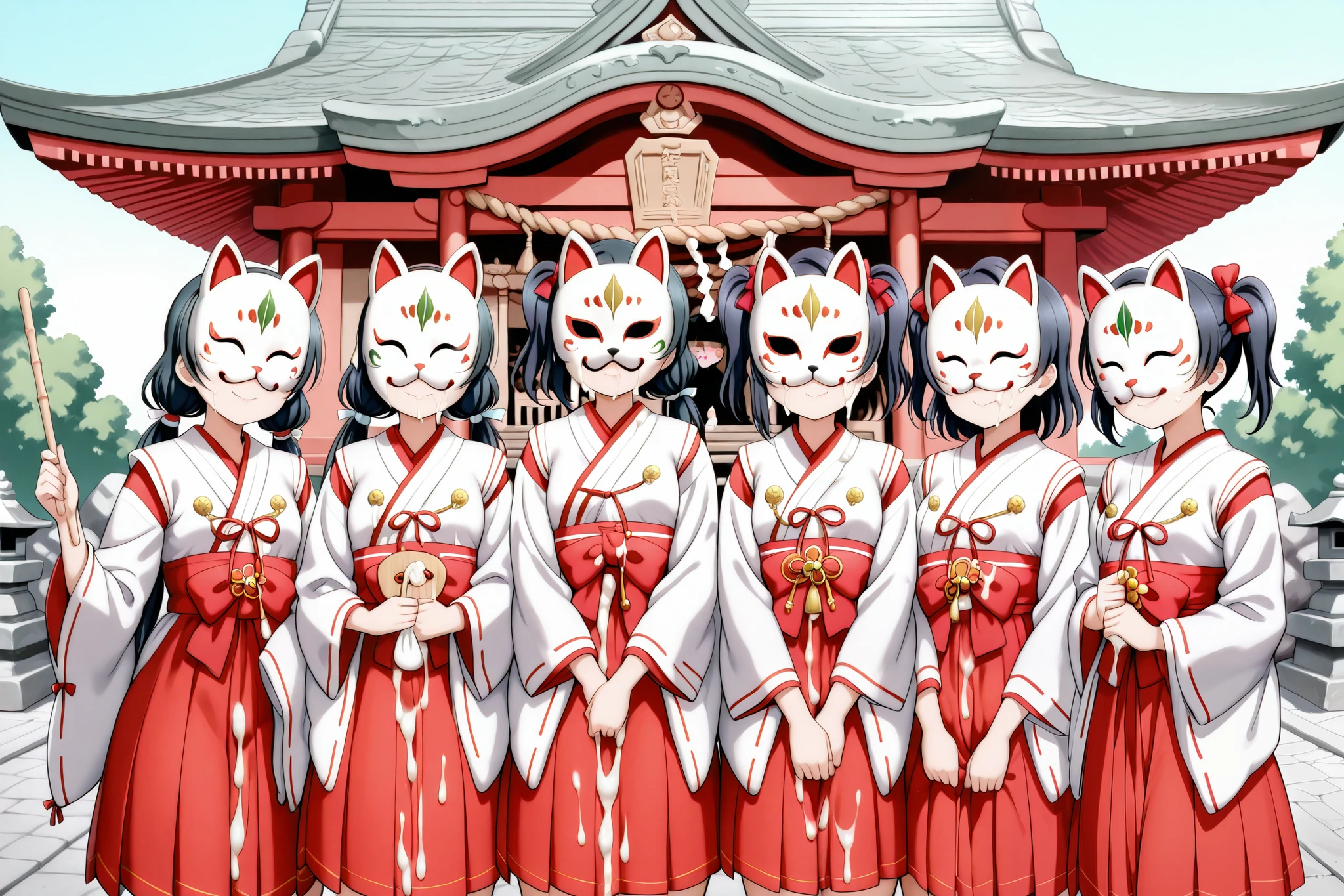 Love Live by! School Idol Project, Love Live by!, Girls wearing multiple identical noh masks[ black hair、(small breasts), SHORT TWIN TAILS, Love Live by! style,(They wear a fox mask in front of their faces、The face of a fox looks like it has a closed mouth、I can't see everyone's faces、No face)、 ((Wearing a shrine maiden costume and a red long skirt、There is little overall exposure,Semen sticks to々places like the body)),enchanting sacubus,((shrine maiden clothes and semen on the fox's face are flowing down the surface of the fox's face)),]