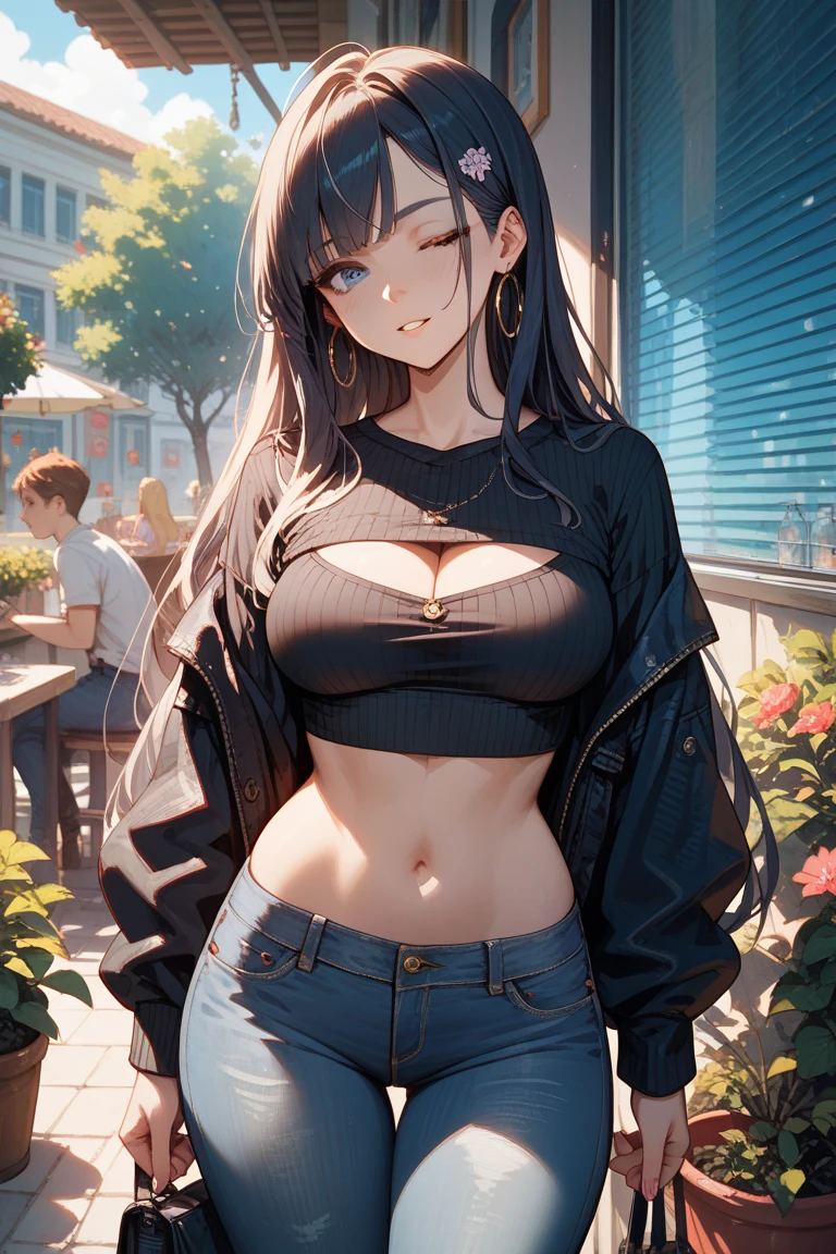 最high quality、best image quality、masterpiece、teenage girl((18-year-old、 By becoming、vest bust、medium bust,wide open breast tea、black eye, black hair、long hair、thin,highest valley、Perforated gloves、blue earrings、cowboy hat、black vest、white t-shirt、torn blue pants、smile、Gesture with hat)),high quality、beautiful art、background((grassland)),debris flies、Depth of written boundary、movie、visual art、perfect art、8K,genuine