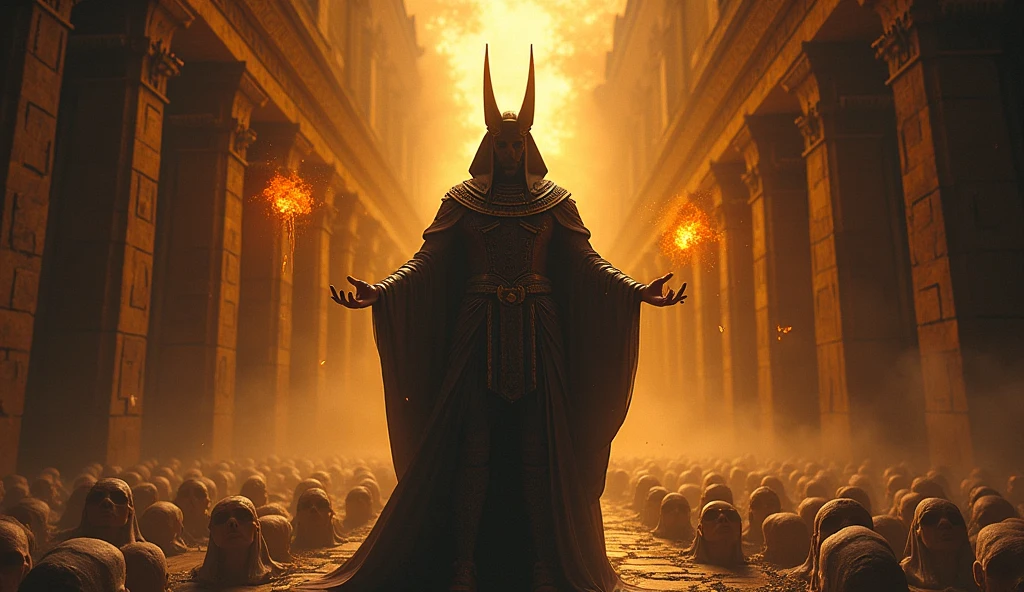 Anubis in front of a pyramid as he resurrects the dead and sets the world on fire