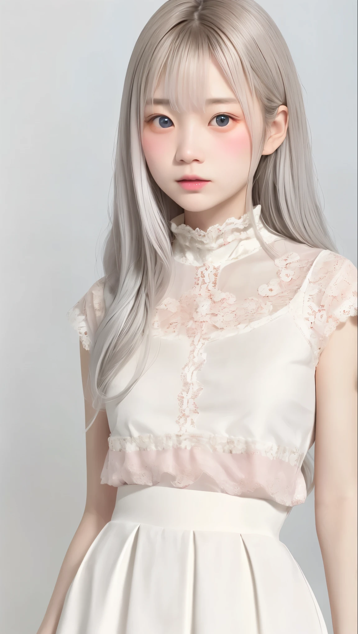  perfect anatomy from a shellfish,    Japanese girls , alone、one girl、少し短い首:1.7, Albino Skin, Gray Hair,    straight long hair  ,  light brown eyes, Change color to high neck lace fabric,  white clothes,     artistic,   light pink background pointing down 