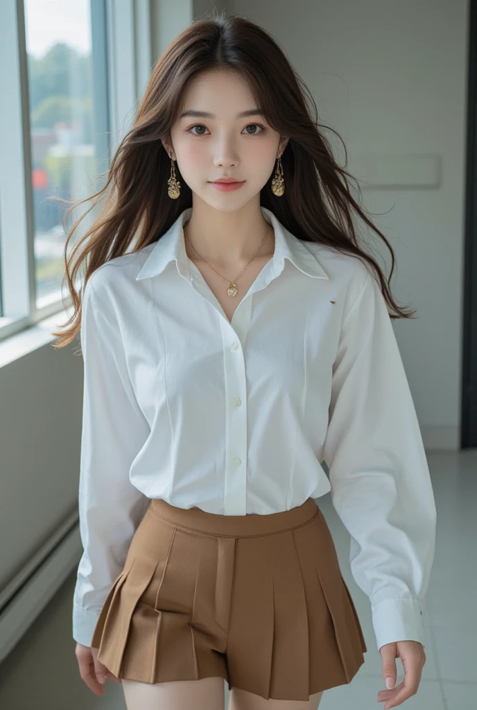 Tabletop, Highest quality, Very detailed, In detail, High resolution, 8k wallpaper, Beautiful big eyes,Black-haired、17 years old, Slender body、爽やかなsmile、Shows the whole body down to the waist、Very beautiful face,Very well-formed face、With sunflowers in the background、A beautiful girl wearing a short-sleeved dress shirt、smile、Black Skirt、