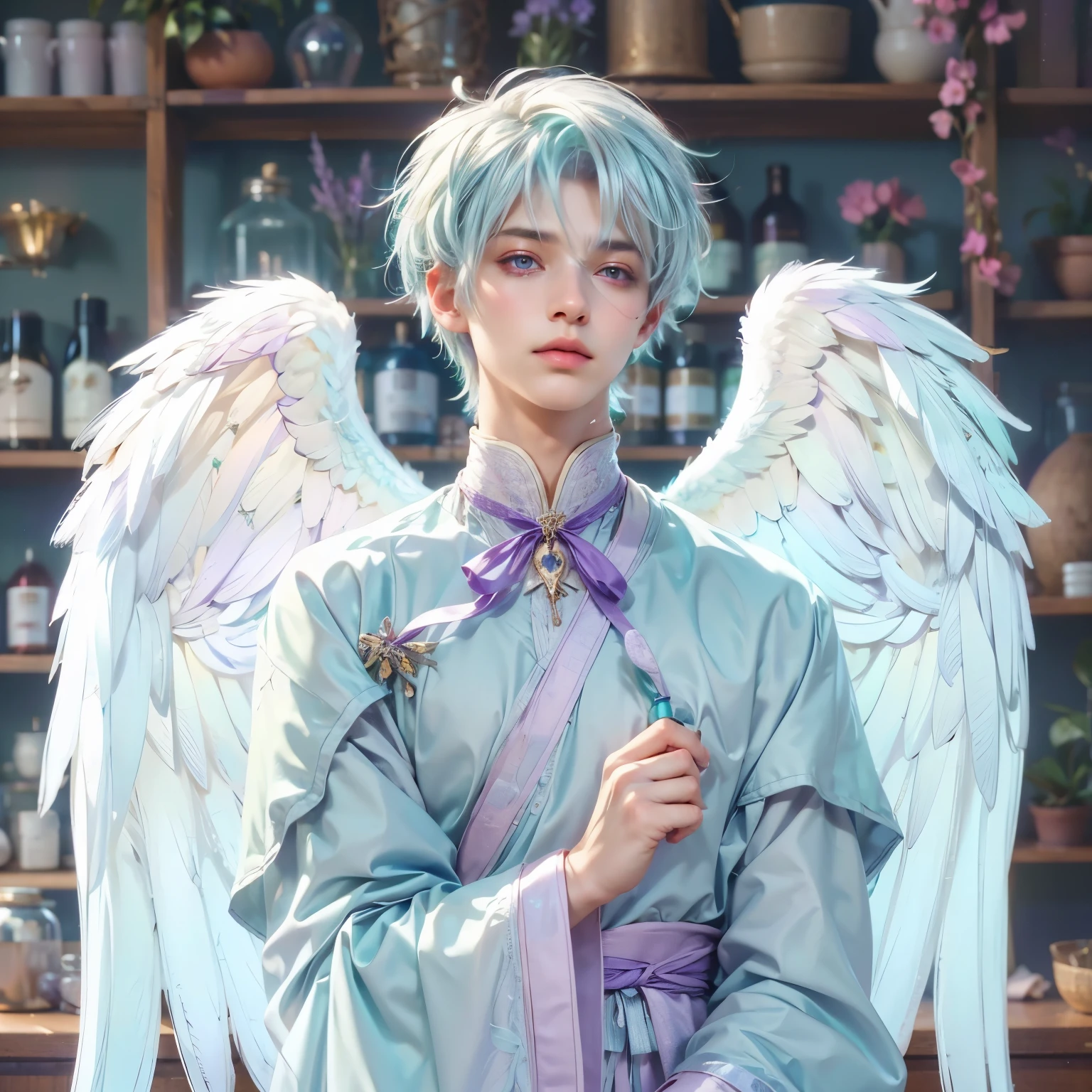 A male angel with white silver hair holds a medicine bottle in his hand while there is a shelf with medicinal herbs、The colors of the clothes are peppermint color and lavender amethyst, and the color of the decoration is purple pink aura see here、Eyes are clear and kind