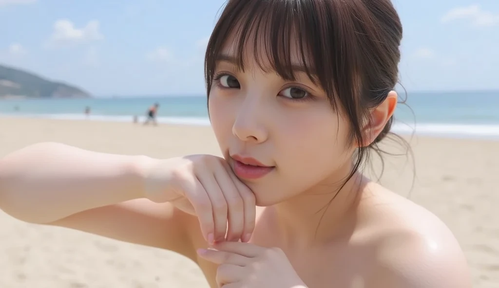 (Highest Resolution, 4K, masterpiece: 1.3), Japanese women, A photo of a woman, cute: 1.1, Beautiful Eyes,Symmetrical eyes,Big eyes, Slim figure, Realistic teeth, double eyelid, (whole body:1.3), highest quality, detailed, Long Hair,、((White Bikini)), ((Lying down、Face down on the beach)),Beauty、cute、Laughter、((whole body、Slim legs:1.3))