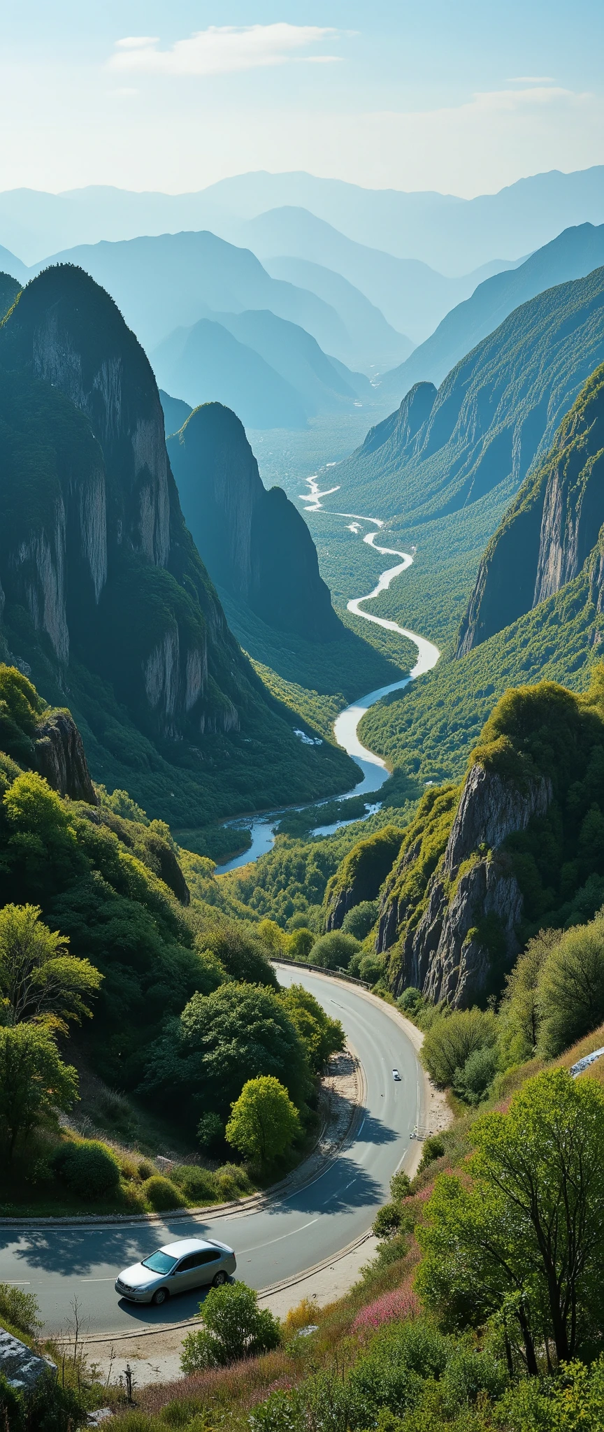 masterpiece、top quality World Heritage Sites in China(Wulingyuan)Masterpiece、Rock and Green Art、A car is driving on a winding road、DetailsCG8K、 Scenery、Scenery、Outdoors、null、cloud、 clear sky、 Scenery、rock、tree、color,、cliff、nature、details、high resolution、flower、Chromatic Aberration、photorealism、Aerial view。