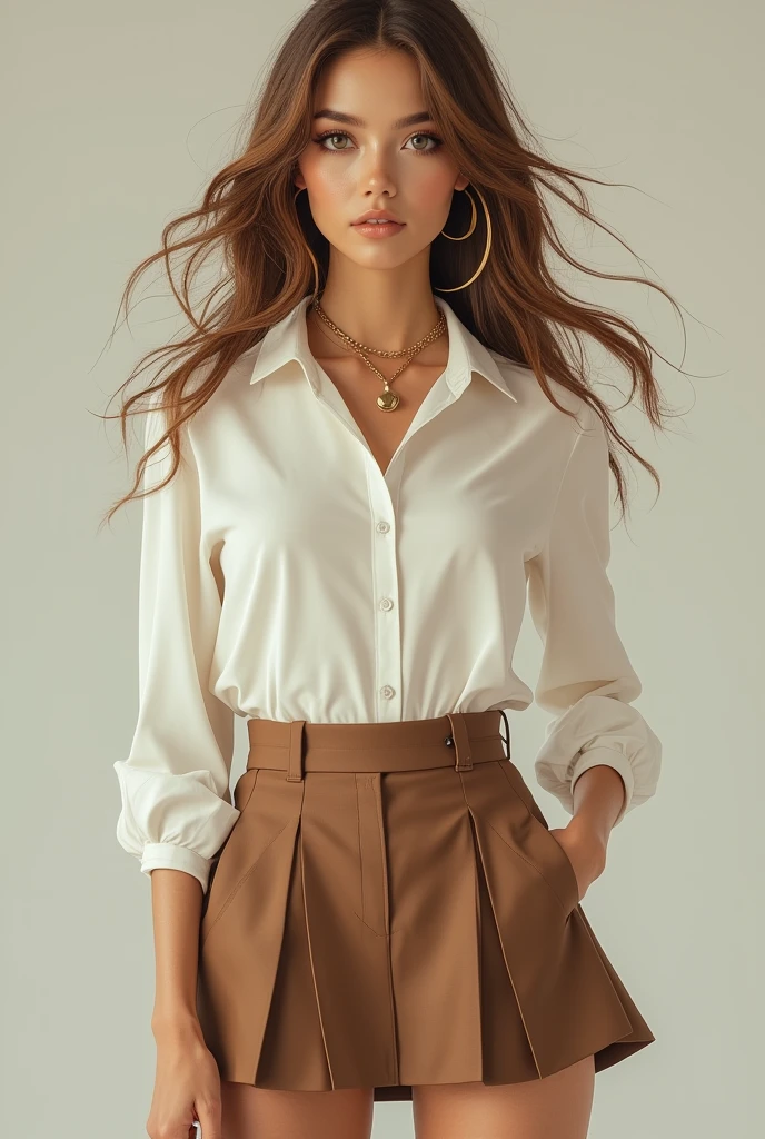European woman model wearing a short skirt and blouse set with fabric with brown baroque embossed details