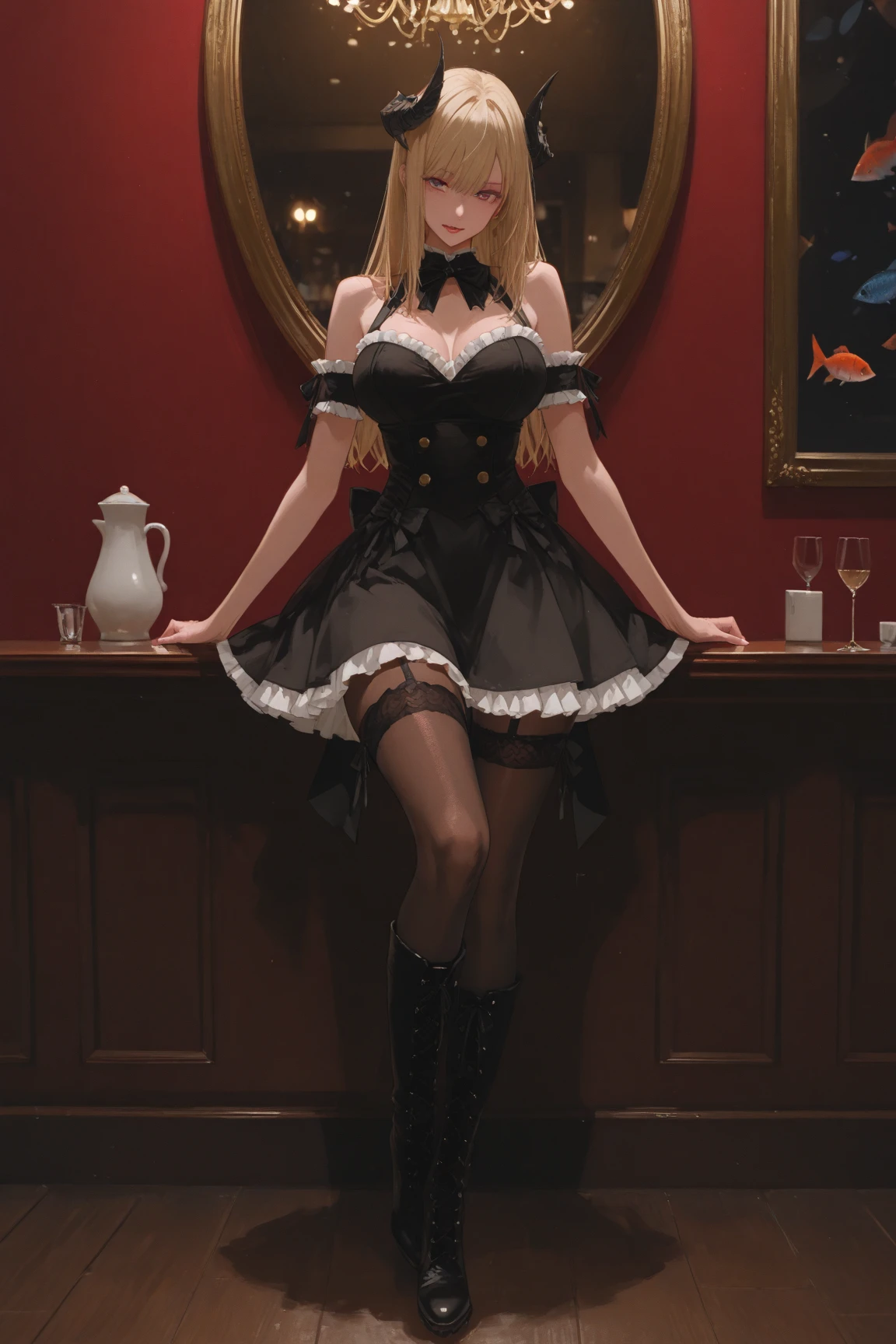 (top-quality, in 8K, 32K, masterpiece, highly detailed), Full body, (a bar counter, shop front:1.4), deep-shadows, detailed faces and eyes, beauitful face, 20-year-old beauty, Beautiful wavy golden hair, ponytail, Blue eyes, BunnyGirl, High-cut leotards, a bow tie, White cuffs, Thighs wrapped in fishnet stockings, Black rabbit ears, blush
