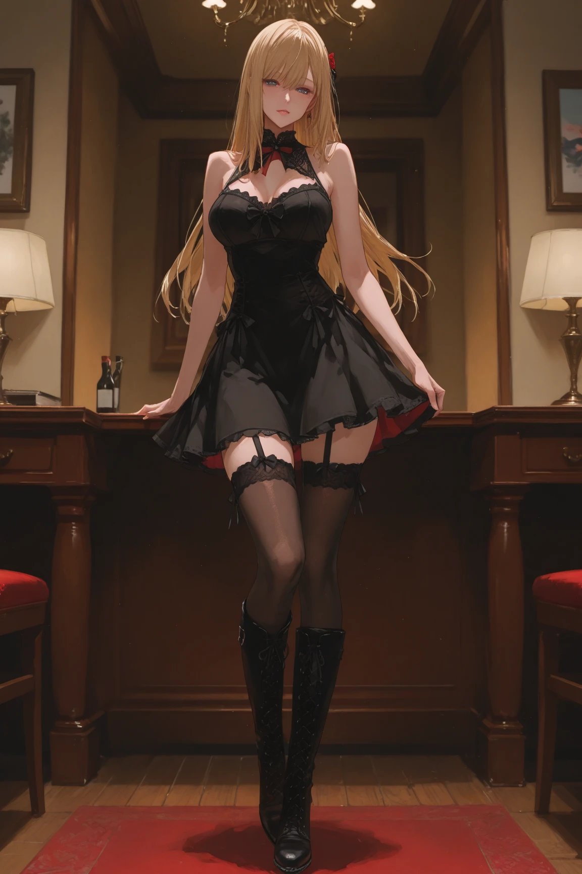 (Gorgeous Digital Artwork:1.3) of (Ultra detailed:1.3),(Happy:1.3) (rizlet_of_loggervia:1.00), (rit:1.00), (1girl:1.000), (blonde_hair:1.00), (blue_eyes:1.00), (boots:0.750), (breasts:1.00), (brown_legwear:0.986), (cleavage:1.00), (full_body:0.996), (hand_on_hip:0.961), (large_breasts:0.999), (long_hair:0.988), (long_sleeves:0.524), (looking_at_viewer:0.999),, (smile:0.994), (solo:0.987), (standing:0.523), (thighhighs:0.947), (zettai_ryouiki:0.999), (frilled_skirt:1.00), (frilled_dress:0.990), (sidelocks_tied_back:0.999), (fantasy_background:0.999),,CGSociety,ArtStation,(CGI Art:1.3),(Hyperrealism:1.3),(Realism:1.3)