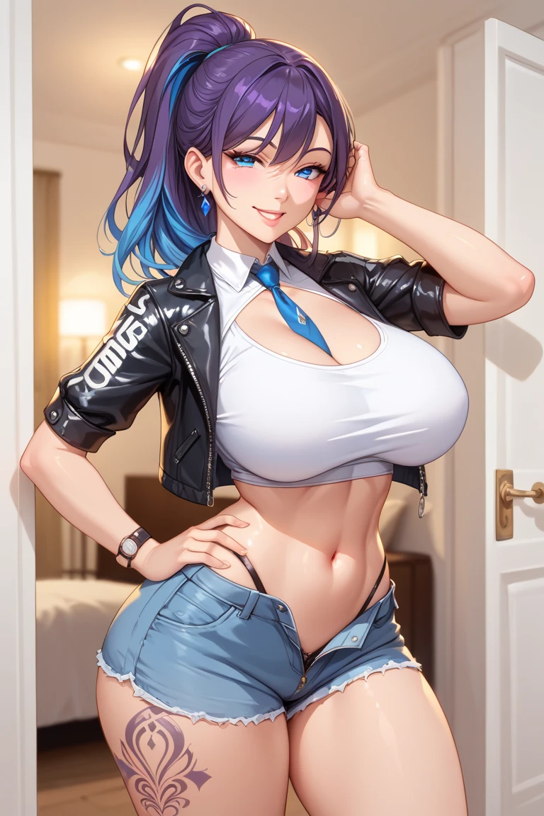 (((absurdres))), (((masterpiece))), (((best quality))), ((ultra-detailed)), ultra high quality, realistic, (real picture, intricate details, depth of field), ((((1girl, solo)))), make up, parted lips, highly-detailed, perfect face, (((mature woman, milf, skindentation))), ((huge breasts, wide hips, toned abdomen)), tall, glossy lips, sexy, blushing, ((blue hair, blunt bangs, very long hair)), ((beautiful purple eyes)), ((earrings, hair ornaments, choker)), (((t-shirt, crop top, off shoulder, exposed navel, tight denim shorts, belt))), (((erotic pose, sitting))), smile, (((city streets, midnight:1.3)))