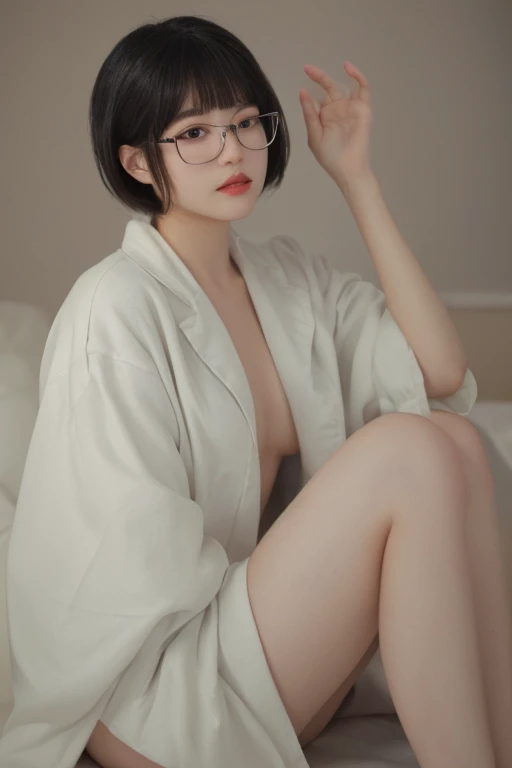 nsfw, Masterpiece, top quality, highly detailed, ((A naked woman is excited by masturbating while wearing only sexy panties, An excited and embarrassed face, half-open lips, closed eyes, Raise her chin and face up, Squatting down and spreading her legs apart, touching the genitals between her thighs)), Beautiful mature young round baby face swedish woman, well-shaped small nose, wearing black frame glasses, long pink hair ponytail with bangs,