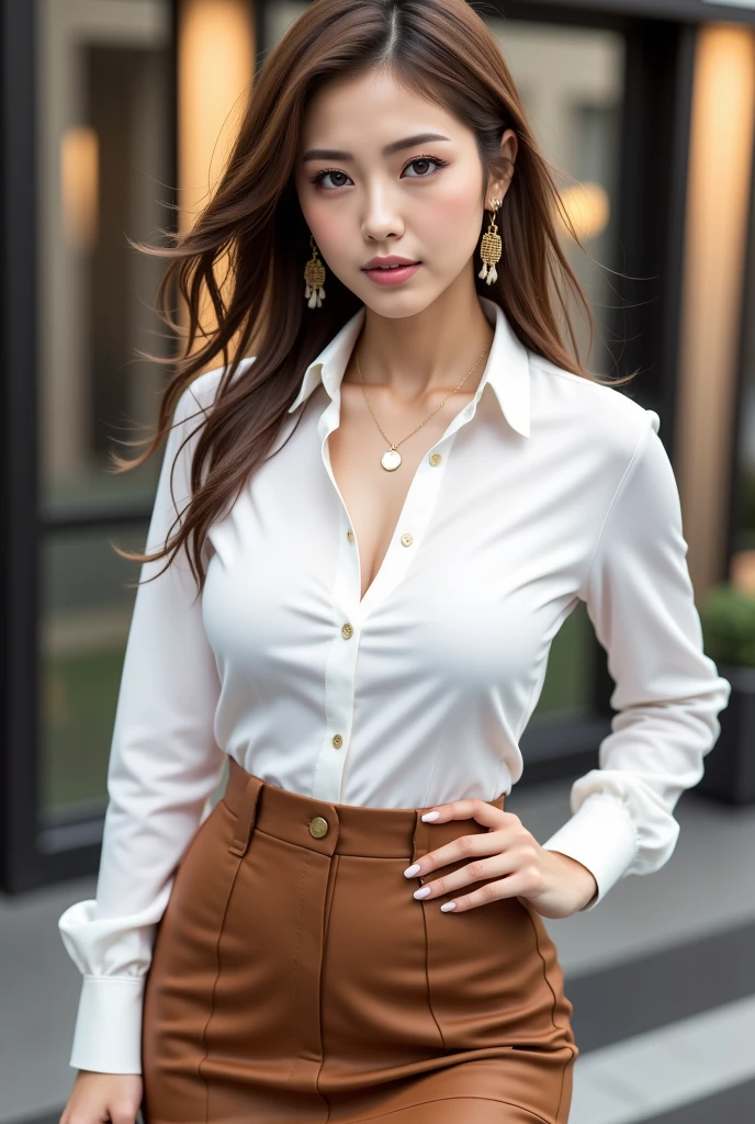 Model 18 years old, Brown eyes, Full lips, Thin face, Curly blonde hair, Small, small tits、Wearing business clothes in corporate offices, Open shirt showing her very small breasts, sexy skirt