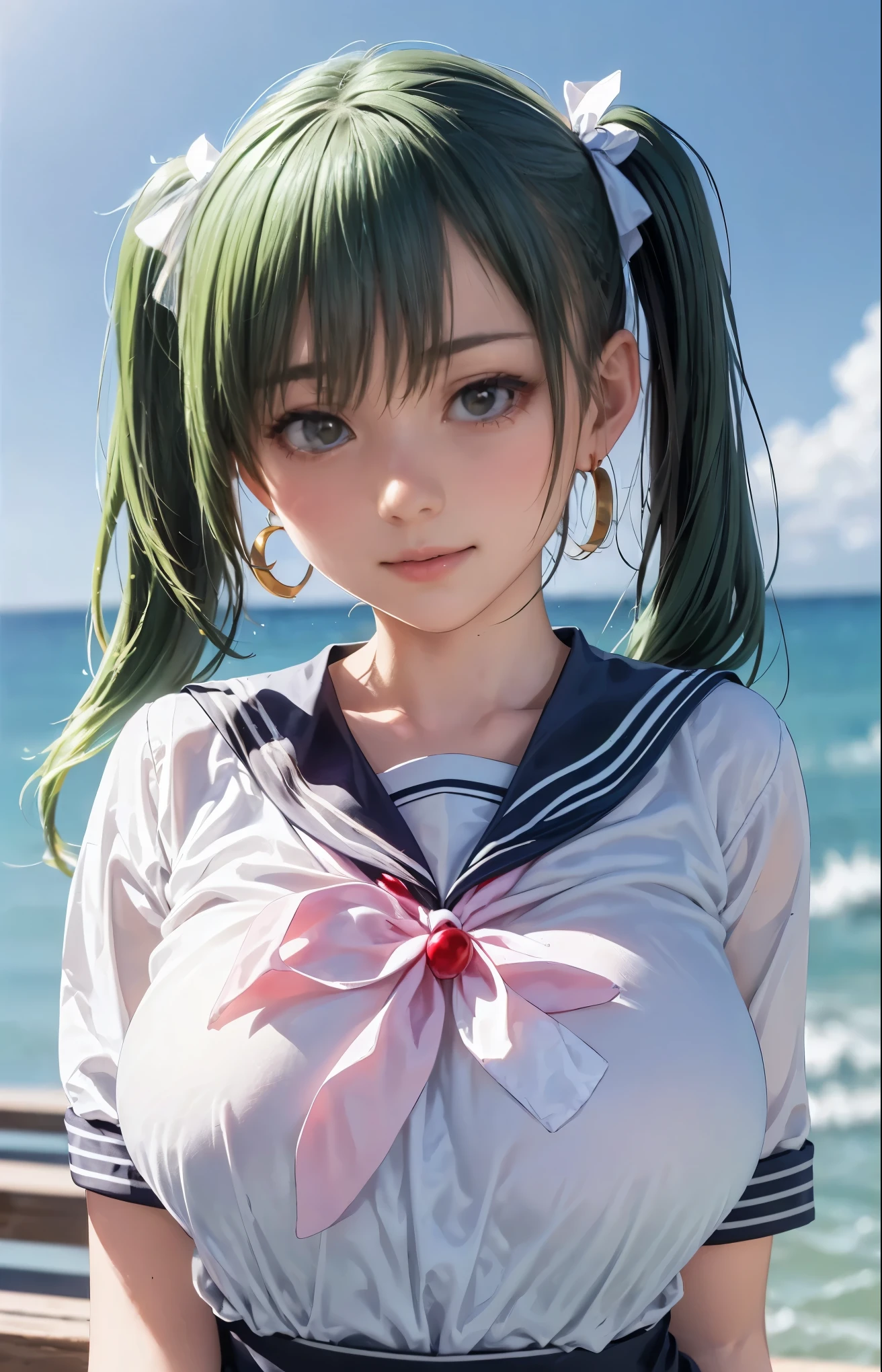 (grammar,Hourglass figure,green hair,8k, RAW Photos,Highest quality, High resolution:1.1), (twintail:1.4),(Realistic:1.4), Realistic Face,Realistic Body,Realistic Skin,masterpiece,(cute:1.8),jewelry,Earrings,((Medium Hair:1.1)),Cherry colored lips,Hair Ribbon,ponytail,((Big Breasts:1.2)), Eye focus ,(sailor uniform:1.3))