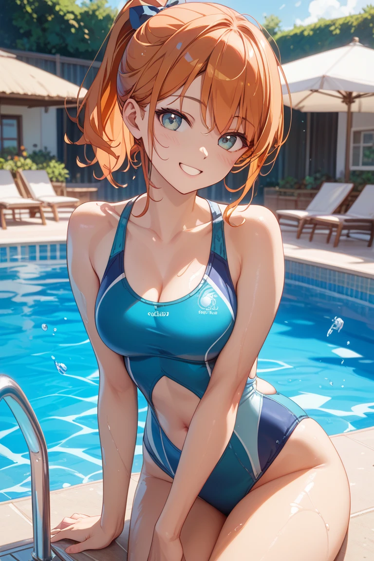 ((unity 16k wallpaper, masterpiece, best quality, ultra-detailed, extremely detailed CG, caustics, cinematic lighting, detailed, beautiful detailed eyes)), ultra high resolution, fine skin, (cute: 1.2), ( 15 year old girl), ((old school swimsuit: 1.6)), summer sunshine, pool, ((writing in background)), oil skin, orange hair, arms spread, drained school swimsuit, upper body, portrait, smile
