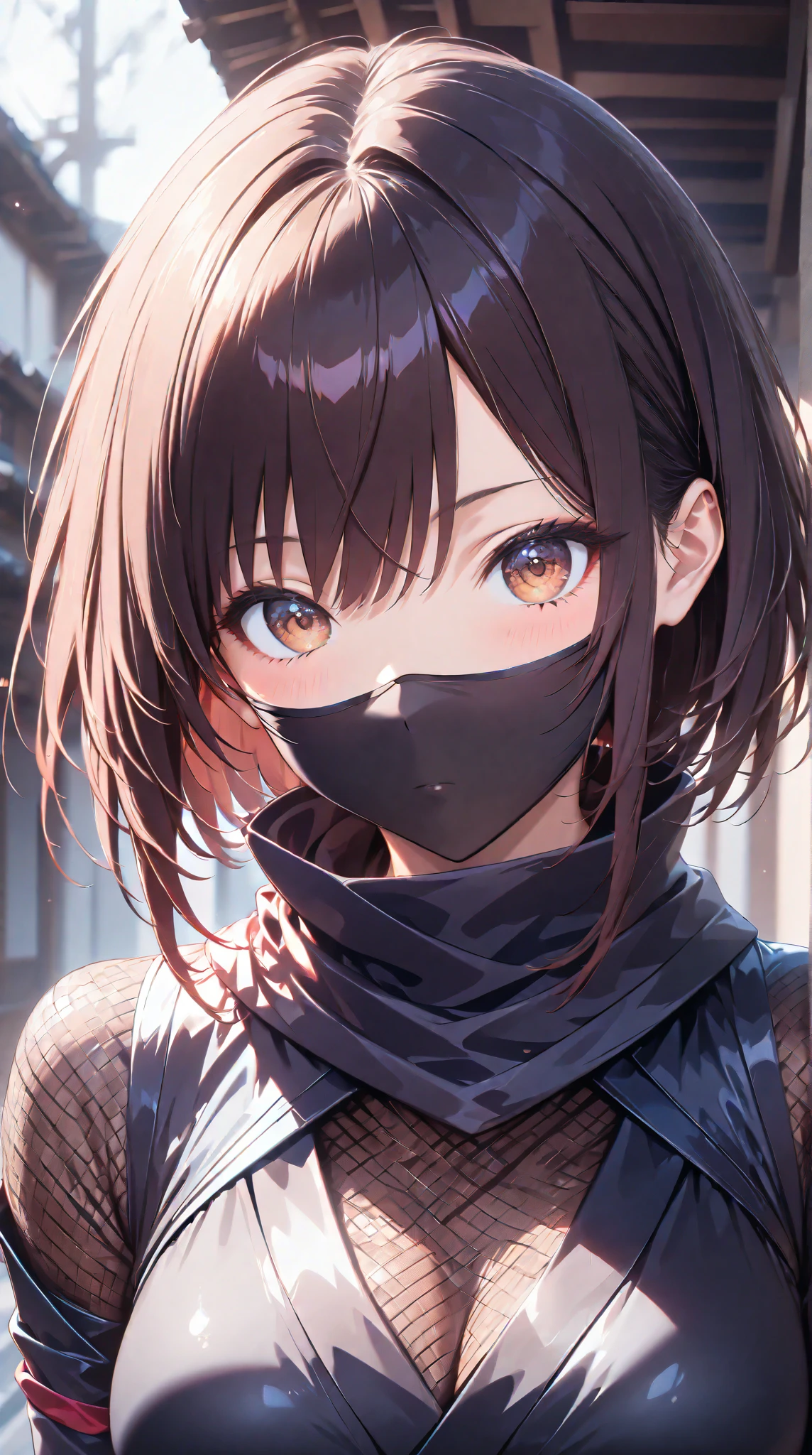Dangerous masked girl with caped hood, blue eyes, and brown hair