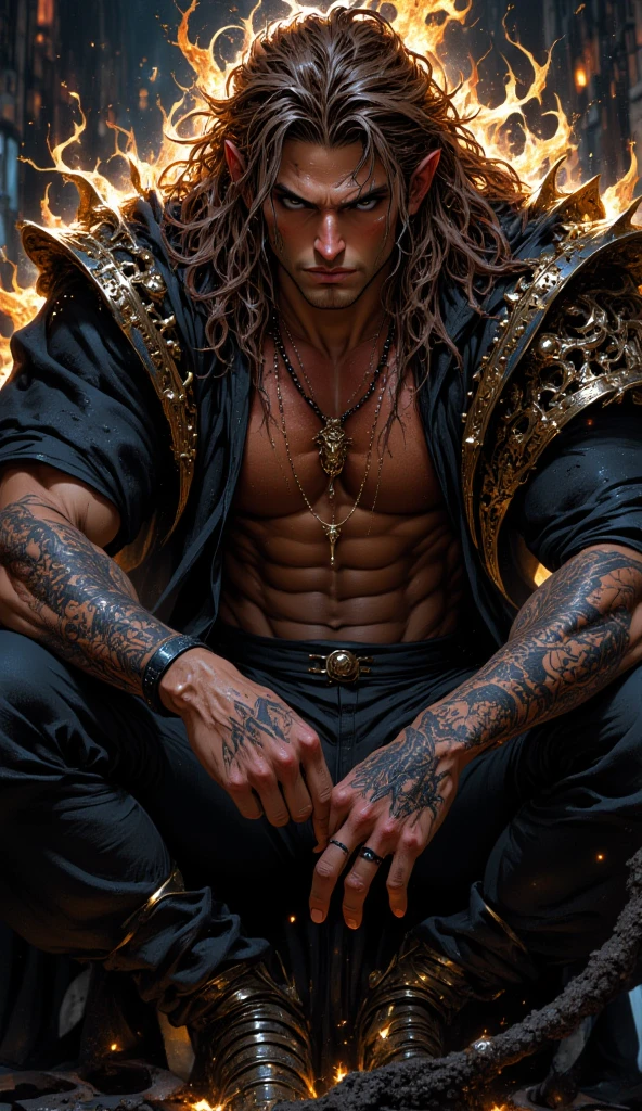 Digital illustration featuring a muscular, shirtless male figure with a detailed and intricate full-back tattoo of a dragon intertwined with floral elements. The character has short, dark hair and is holding a katana sword over his shoulder, which has a black and gold hilt with a red tassel. The background is a bright, ethereal sky with swirling golden ribbons, adding a dynamic and mystical atmosphere to the scene. The overall style is highly detailed and vibrant, with a focus on the contrast between the dark tattoos and the bright background.