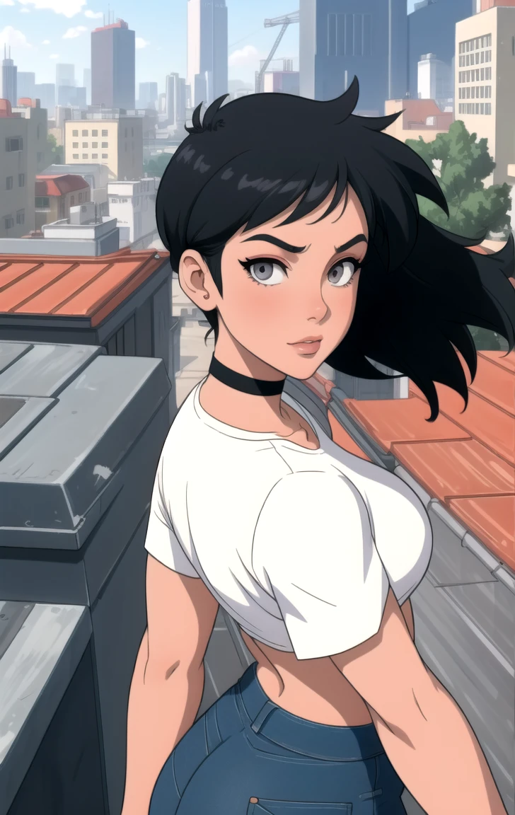 anime screencap, city, 1girl, solo, short hair, black hair, purple eyes, looking at the viewer, hair between eyes, lustful smirking smile blush, closed mouth, ass, camel's foot, wide hips, short top, short shorts, unbuttoned shorts, squatting, legs apart, erotica, back