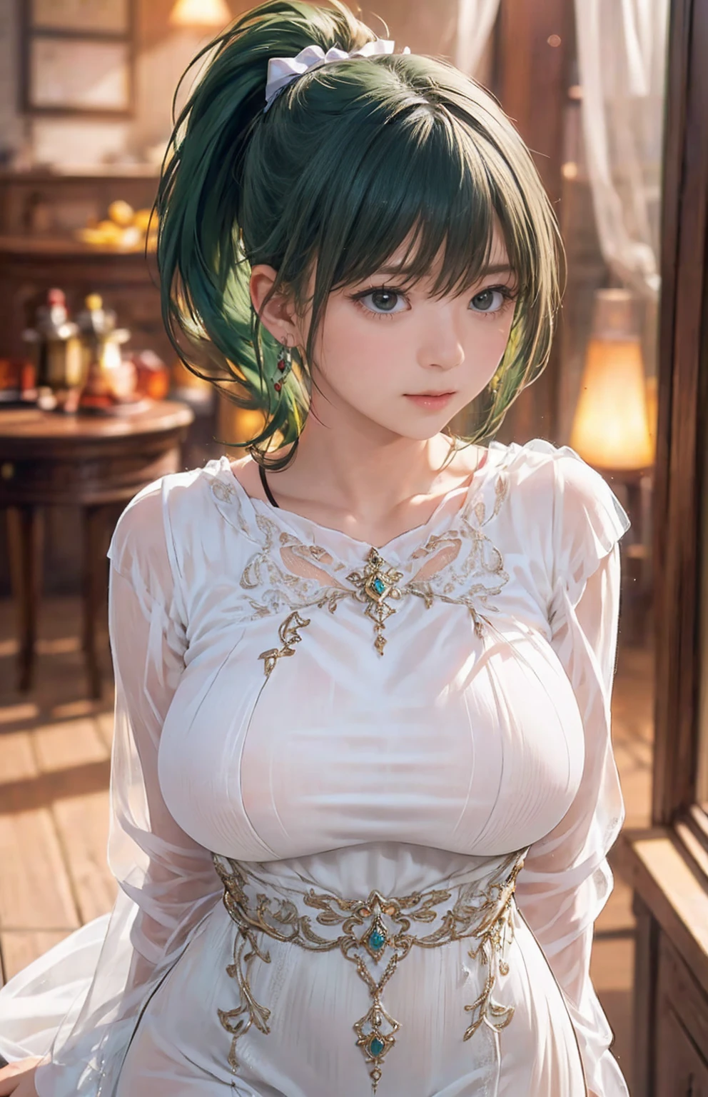 1 girl,((Wearing Ice-crystal embellished dress:1.5),(Wearing Jewel:1.2) ,( lace_cloak:1.3),(Fluffs :1.4),(pearl bodychain:1.3),garden,nighttime,moon,( huge breasts ),cleavage,shiny skin,lip gloss,tattoos, masterpiece, best quality, realistic ,Surrealism,Rich artistic colors,natural colors art in 8k,3D,Portrait art,solo, tamaki