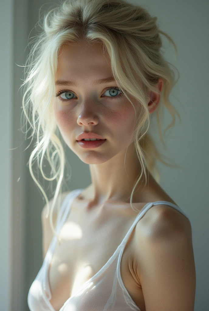 Masterpiece, best quality, 8k,
full body, innocent 1 russian scandinavian teen slim girl, nude with pale soft skin,
silver blonde hair, messy hair, flat chest
real skin, beautiful skin, beautiful face,
natural lighting,
blue eyes, pink lips, soaked skin,
nude , flat chest.
full-body, full_body, bare feet, standing posing sexy