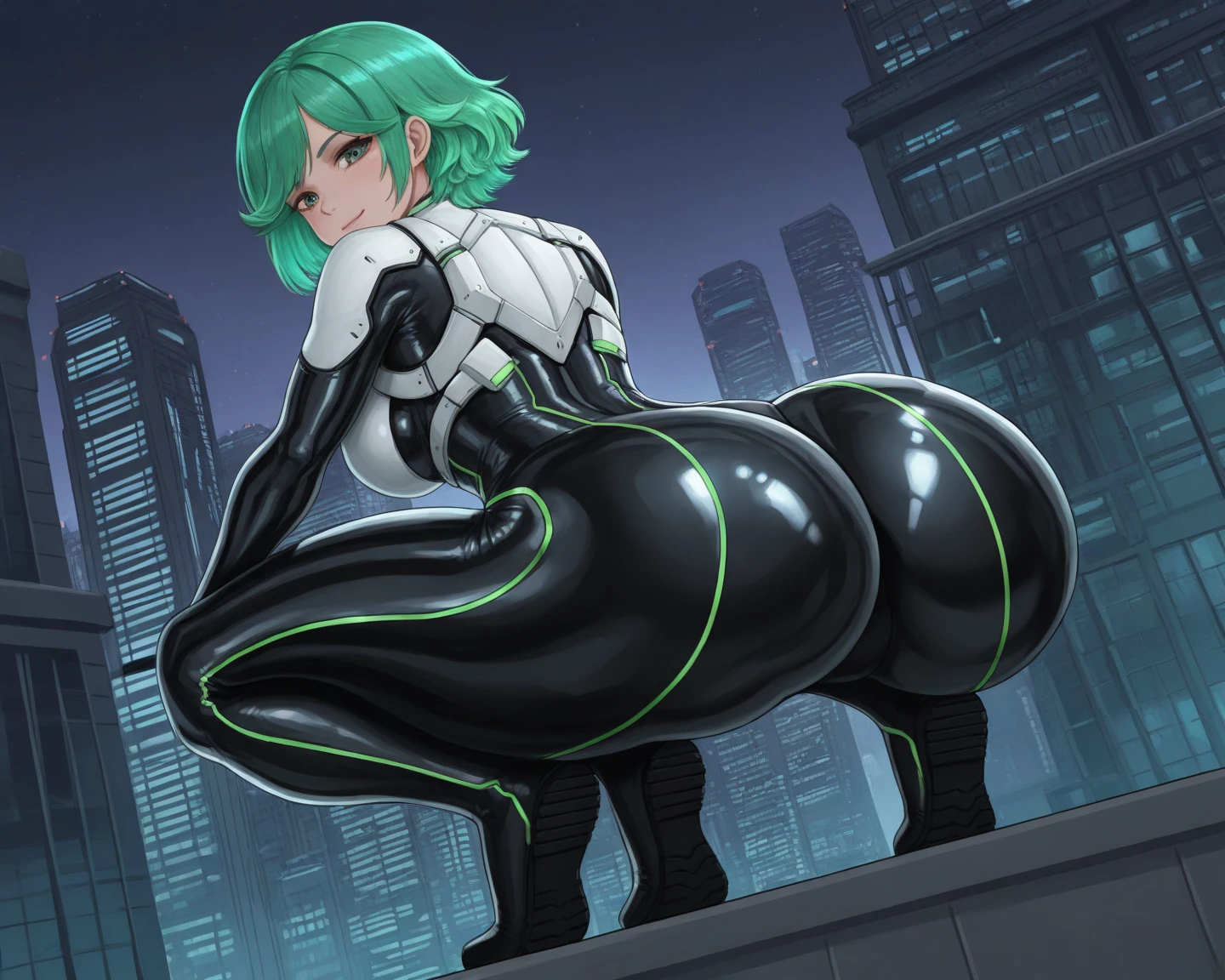 1girl, green hair, very short hair, pixie cut, yellow eyes, serious, glowing eyes, large breasts, breasts, thick thighs, toned, toned female, bodysuit, pilot suit, futurustic, science-fiction, neon, neon trim, neon light, black bodysuit, from behind, ass, ass focus,