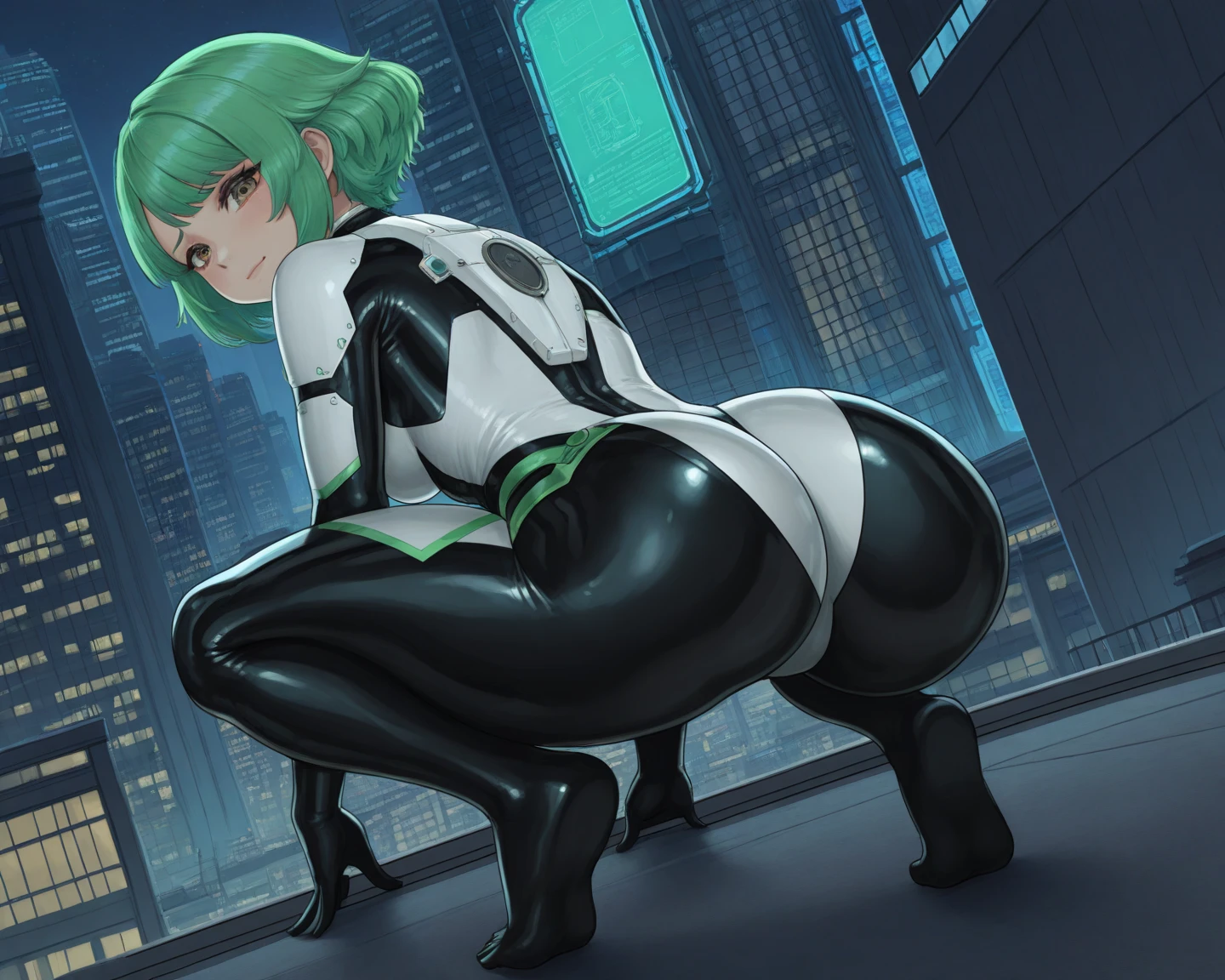 1girl, green hair, very short hair, pixie cut, yellow eyes, serious, glowing eyes, large breasts, breasts, thick thighs, toned, toned female, bodysuit, pilot suit, futurustic, science-fiction, neon, neon trim, neon light, black bodysuit, space, from behind, ass, ass focus, huge ass