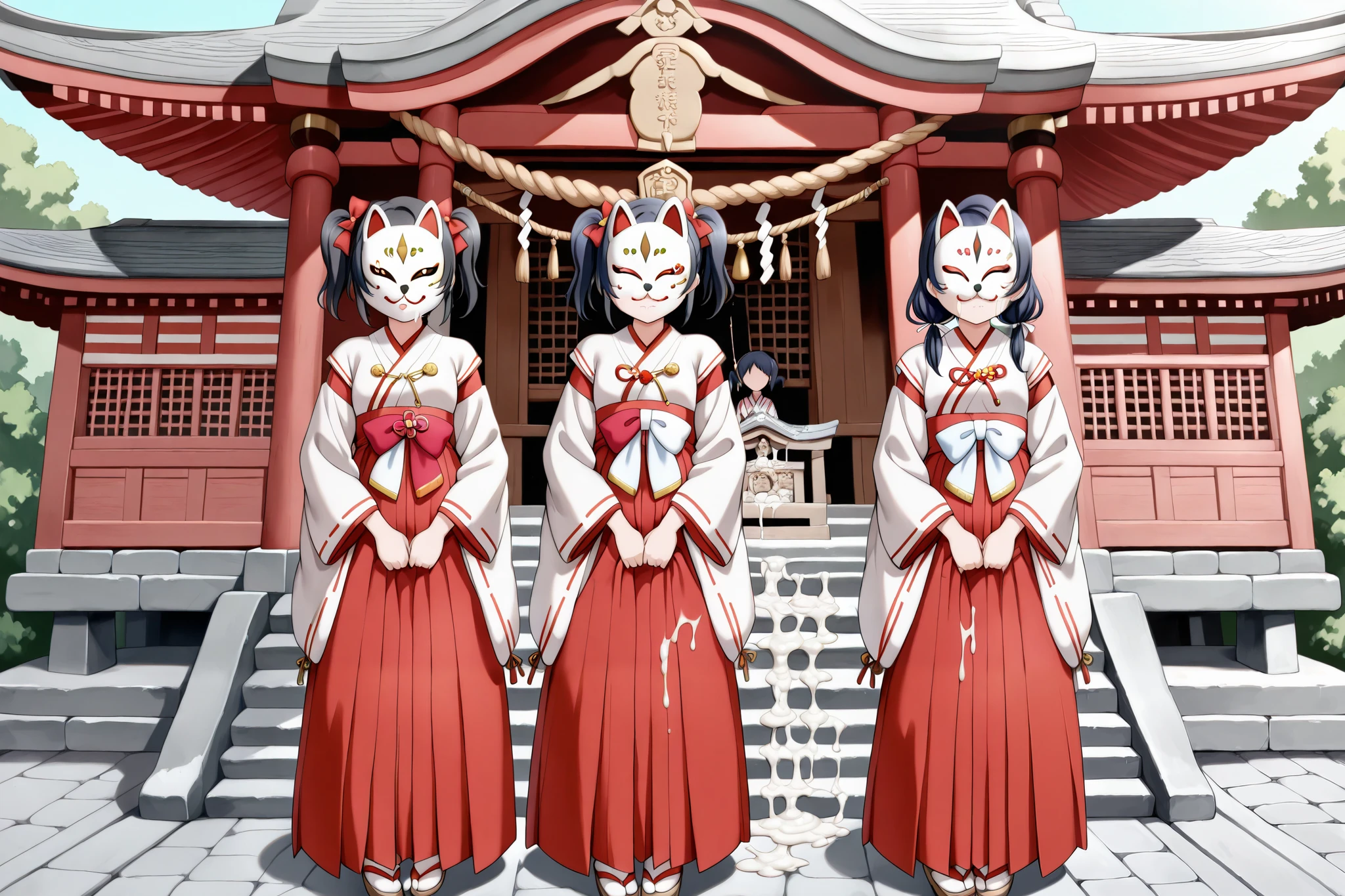 Love Live! School Idol Project, Love Live!, girls wearing multiple identical noh masks[ black hair、(small breasts), SHORT TWIN TAILS, Love Live! style,(They wear a fox mask in front of their faces、The face of a fox looks like it has a closed mouth、I can't see everyone's faces、No face)、 ((wearing a shrine shrine maiden costume and a long red skirt、There is little overall exposure,Semen sticks to々places like the body)),enchanting sacubus,((Semen on shrine maiden clothes and fox's face flows down the surface of the fox's face)),]