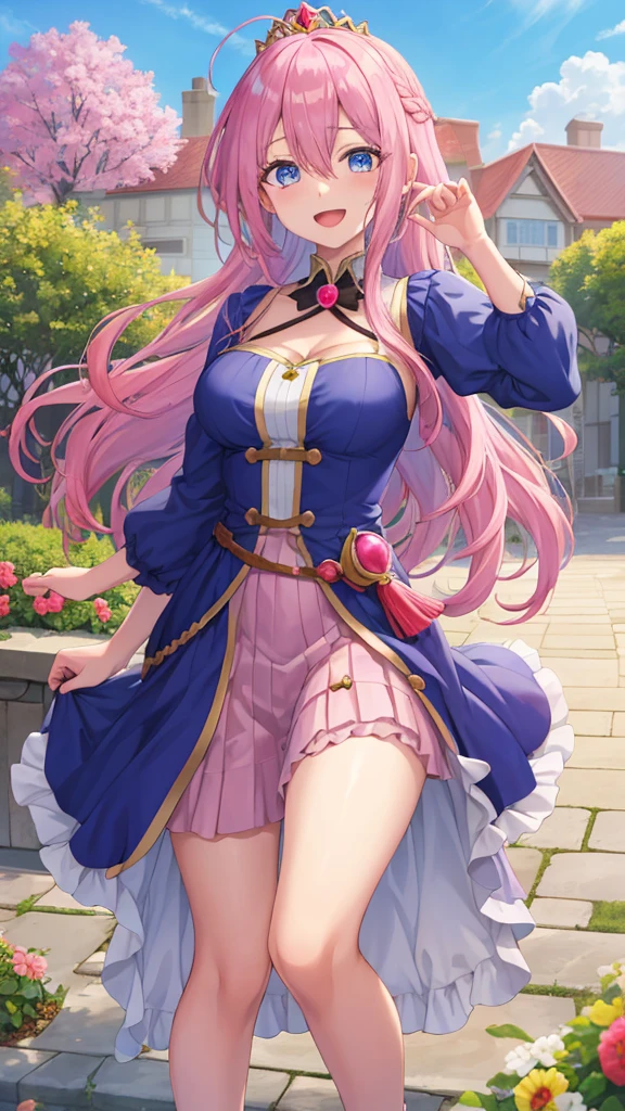 [[[Extremely detailed, best quality, soft skin, beautiful, 4K]]]portrait, Pink Hair, Straight Hair, Lace Braid Ponytail, Medium Length Hair, Sapphire eyes, slim, Garden Background, daytime, Medieval Princess Light Dress, Round hairpin, giggle, stand up