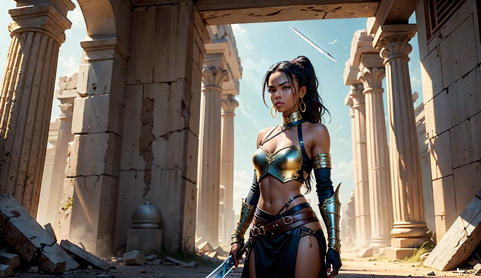 slender woman in chainmail halter top, hair in messy bun, big breasts, lunging to the camera with a saber, dynamic pose among ancient ruins