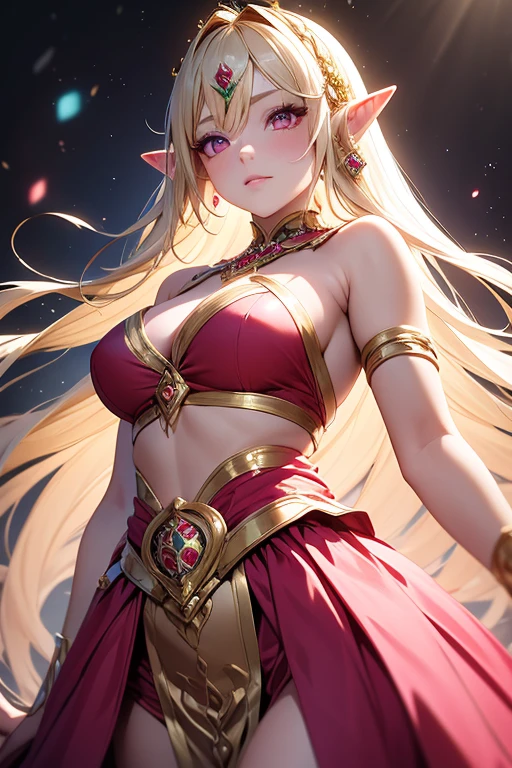 princess zelda, blonde very long hair, red eyes, wearing a sexy pink dress, side slit, ultrasharp, looking at the viewer, ((best quality)), ((masterpiece)), (detailed), perfect face, big breast, sexy body, sexy woman besides her, hugged, An anime scene of two girls hugging and kissing intensely, with hearts and sparkles floating around them as they stand in pool of water
