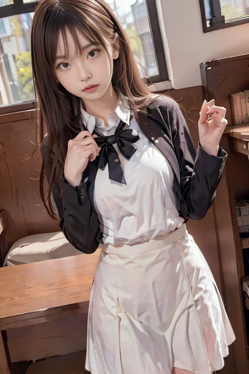 Cute 21 year old Japanese、Super detailed face、Pay attention to the details、double eyelid、Beautiful thin nose、Sharp focus:1.2、Beautiful woman:1.4、(Light brown hair,、),Pure white skin、highest quality、masterpiece、Ultra-high resolution、(Photorealistic:1.4)、Highly detailed and professional lighting、nice smile、Realistic eye and facial details:1.7、Medium chest、Daytime、Tight ass:1.5、Looking at the audience,The camera3mBackwards, Hilarious,(Maid:1.2),bow,Long sleeve, Black sleeves,(Black checked long tights:1.5),Maidの頭飾り,Maid apronl,cafeteria,Upper Body:1.8, messy hair、strap slip