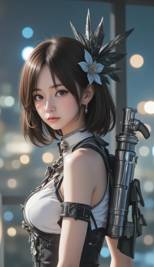 ((Best Quality)), ((Masterpiece)), (Details: 1.4), 3D, ((Square)), Perfect Face, ((Close-up of Face)), Perfect Fingers, Perfect Figure, A Beautiful Cyberpunk Female Image Facing Square, (Standing), (Upright), Action Pose, ((High Detail Skin, Visible Pores)), (Small Chest: 1.3), (Firearms), HDR (High Dynamic Range), Ray Tracing, NVIDIA RTX, Super-Resolution, Unreal 5, Subsurface Scattering, PBR Textures, Post-processing, Anisotropic Filtering, Depth of Field, Maximum Sharpness and Sharpness, Multi-layer Textures, Albedo and Highlight Mapping, Surface Shading, Accurate Simulation of Light-Material Interactions, Perfect Proportions, Octane Render, Bi-color Light, Large Aperture, Low ISO, White Balance, Rule of Thirds, 8K RAW,