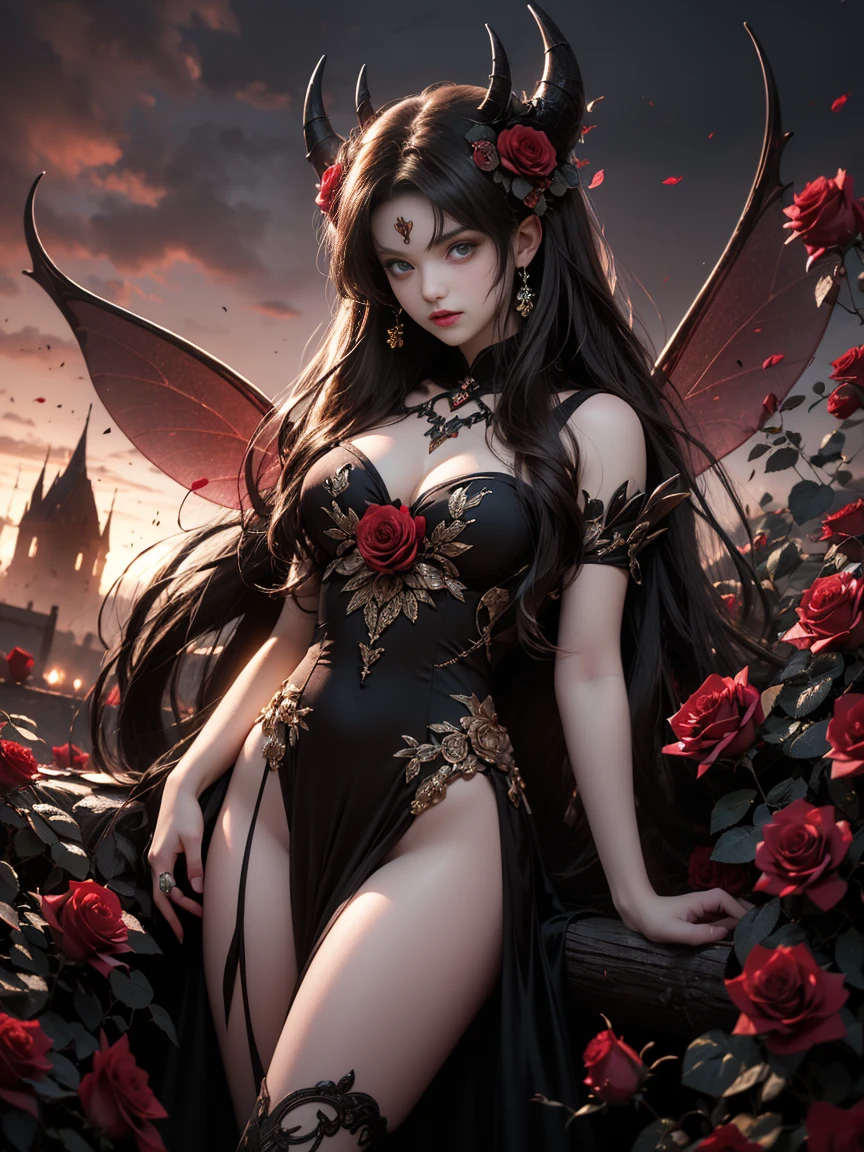 high details, best quality, 16k, RAW, [best detailed], masterpiece, best quality, (extremely detailed), full body, ultra wide shot, photorealistic, dark fantasy art, goth art, RPG art, D&D art, a picture of a dark female fairy resting in a flower meadow, extremely beautiful fairy, ultra feminine (intense details, Masterpiece, best quality), best detailed face (intense details, Masterpiece, best quality), having wide butterfly wings, spread butterfly wings (intense details, Masterpiece, best quality), dark colors wings (intense details, Masterpiece, best quality), black hair, long hair, shinning hair, flowing hair, shy smile, innocent smile, blue eyes, dark red lips, wearing [red] dress latex corset (intense details, Masterpiece, best quality), dynamic elegant shirt, chocker, wearing high heels, in dark colored flower meadow (intense details, Masterpiece, best quality), (red flowers: 1.2) , (black flowers: 1.2), (white flowers: 1.2), (blue flowers: 1.3) [extreme many flowers] (intense details, Masterpiece, best quality), dark colorful flowers (intense details, Masterpiece, best quality), flower meadow in a dark goth field background, dim light, cinematic light, High Detail, Ultra High Quality, High Resolution, 16K Resolution, Ultra HD Pictures, 3D rendering Ultra Realistic, Clear Details, Realistic Detail, Ultra High Definition, DonMF41ryW1ng5XL