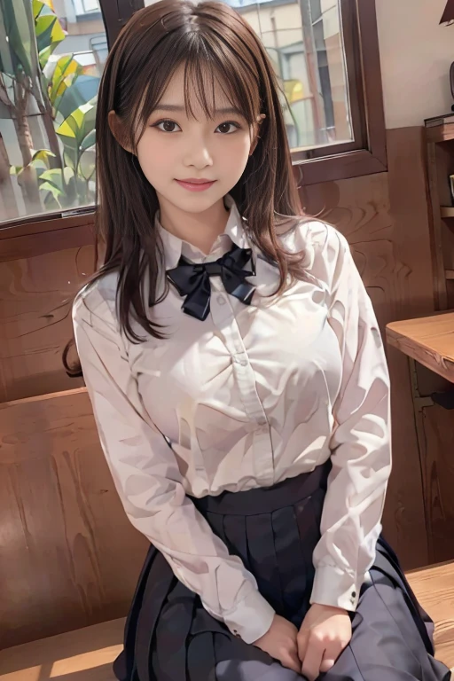 17 age、brown haired、beautidful eyes、real looking skin、hi-school girl、small tits、(8K、masterpiece)、(reallistic、Photorealsitic)、top-quality、ighly detailed、The ultra-detailliert、Beautie、cute little、japanes、a smile、Close-up portrait、Healthy face、School uniform、plaid skirts