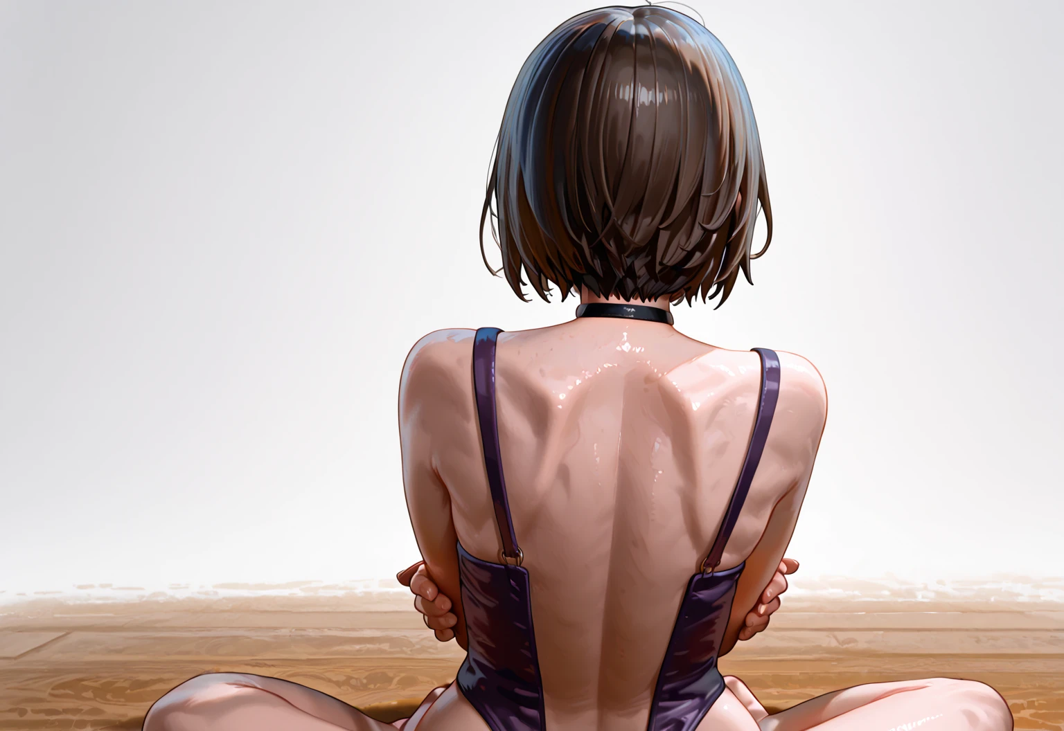((Лучшее качество)), ((шедевр)), (подробный), a naked girl of large stature with brown hair, squatting, holds a knife in her hands and cuts off a small penis to a man
