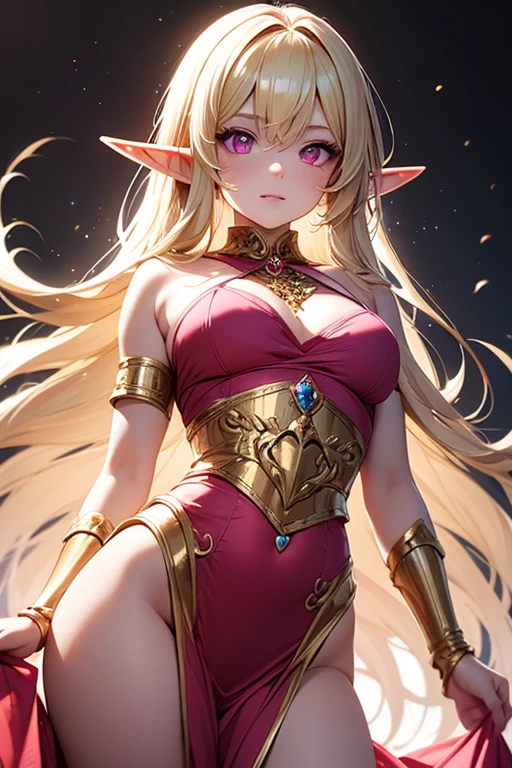 high resolution:1.7, incredibly absurdres, kawaii:1, cute:1.5, hires.fix, anime visual:1, incredibly fine illustration,8k,masterpiece:1.2,best quality, high quality, exquisite, beautiful, insanely detailed, intricate detailed, extremely detailed, Super Definition, ultra high res, Super Resolution, best aesthetic, ultra detailed:1.5, best quality, perfect face, detailed face, masterpiece:1.2, illustration:1.2, 8k cg wallpaper, stunning art,absurdres,octane render,ultra hires, 
Japanese Actress,(Idol),18yo,Beautiful,(Cute and lovely),cute girl,((anime elf with extremely cute and beautiful blonde hair)),((((blonde hair:1.35,blonde single braid,colored inner hair,ear breathing)))),(((green_eyes:1.3))),intricate eyes,beautiful detailed eyes,symmetrical eyes,big eyes:1.5,enchanting bright eyes studded with gold and silver dust,(((pinky skin,glowing_skin,lustrous skin:1.5,bright skin: 1.5,skin tanned,shiny skin,very shiny skin,shiny body,plastic glitter skin,exaggerated shiny skin,illuminated skin))),upward breasts,waist slender,(detailed body,(detailed face)),cute,daring,zettai ryouiki,show skin,best relationship with four fingers and one thumb,Very Fine Face and Eyes,Very Fine Hair,(Perfect Anatomy),Garter Belt,Bare shoulders,Check out our thru-rack chokers and midi rings with chains,(1 girl),beautiful face,seductive young girl,female focus,full body,(perfect body),cool,Her face is extremely detailed and expressive.kawaii,the girl exudes confidence and elegance,Her pose and expression convey a sense of empowerment and strength.She has long eyelashes that add to her captivating appearance,The girl's hair is styled in a sleek and sophisticated,highly detailed face and hair,pale eyes,a well-defined nose,faint lips,seductive and confident smile,standing,fighting stance,battle,fight,(action pose:1.4),fist in hand,fist bump,open mouth,pointy breasts,a girl wearing a Pink cyber suit with micro skirt, gold accents,holding hair gold ornament.side-tie panties,garter belt,purple St