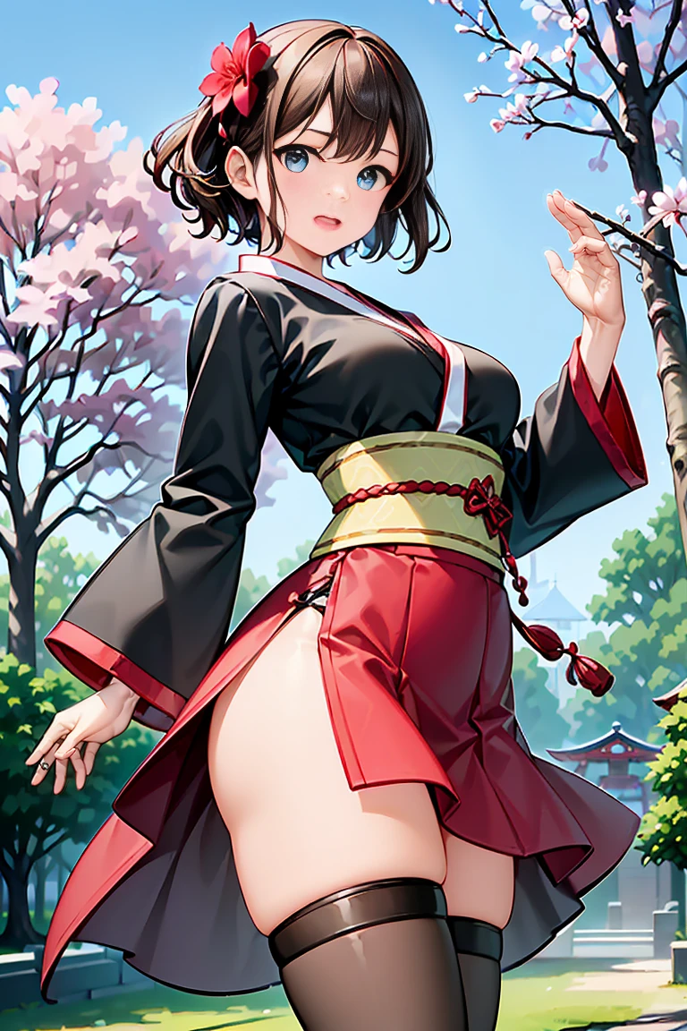 nsfw, masterpiece, 1 girl, erect nipples, intricately detailed, ((topless)), navel, red skirt, bare shoulders, necklace, citypop, hanako, erect nipples, puffy nipples, extremely detailed, photorealistic, octane render, 8 k, unreal engine, bare breasts, nipples, bare stomach, sweaty, people on background, moist breath, small breasts, smiling, collarbone, wet body, black hair, shrine maiden, red hakama, japanese, ray of lights, aqua eyes, short hair, white flower hair ornament, shinto shrine, waterfall, enchanted, magical, fireflies, uneven bangs, long skirt, lamp, outdoors, looking away, wooden necklace, holding paintbrush, body graffiti, black body paint, breast paint. body writing, tattoo, japanese characters, wooden pendant, bell hair ornament, dancing, 1 hand up, dynamic pose, torii gate, shrine