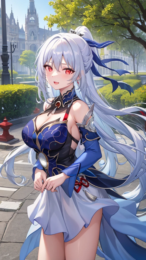 1girl, fashi-g,shiny skin,ganyu \(genshin impact\), red horns,blue hair,large breasts,cosplay,large breasts,red lips