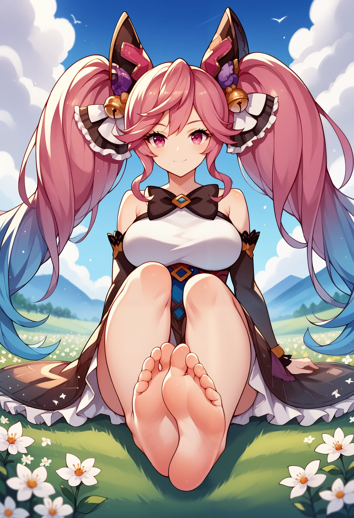 (((close up foot))), A little fairy girl is playing a prank, 、((sit cross-legged on a tree branch))、sexy, (I look up at the girls from the ground.)、(The girls who surrounded me and hugged me)、((seductive evil grin)), (Pixie)、(Butterfly on the back々Feathered)、Very little fairy、((Little fairy))、low length、(thin)、((5 years old girl))、(Transparent fair skin), (((child girl)))、Wavy、(Blue and pink Hair)、ponytail、Red scrunchie、((Forehead))、Big eyes、Grey Eyes, (Micro Bikini), ((Angle from below:1.8)), navel、(A transparent cloth is wrapped around the waist.)、(Thighs), crotch、foot, ((At the Forest Springs)), (Angle from the bottom of the girl), (In the woods)、((Sitting on a tree branch))、((Sitting cross-legged))、