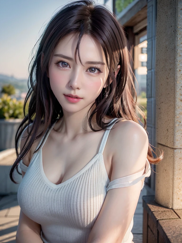 (logo, masterpiece, 8K, Tabletop, RAW Photos, wonderful, 最high quality, Photorealistic and very detailed CG composite 8k wallpaper, high quality, Very detailed, Narrative poem, Particle Effects, Dynamic Effects, Depth of the Boundary, Cinematic Light, Lens flare, Ray Tracing), short hair beautiful young woman, Hair tied back, high detail skin, very fine, fine skin texture, beautiful face, realistic eyes, beautifully detailed eyes, realistic skin, beautiful skin, surreal, smiling eyes, Hair and light eyes, Vibrant, Colorful lights and bokeh. The lighting casts a warm glow on her face and hair, Blue glow, Water surface reflection, Creates a dreamy and magical atmosphere, Big Breasts, Brown Hair, short hair, plump lower lip, pink blush on the cheeks , pink lips, brown tight no-shoulder knit sweater