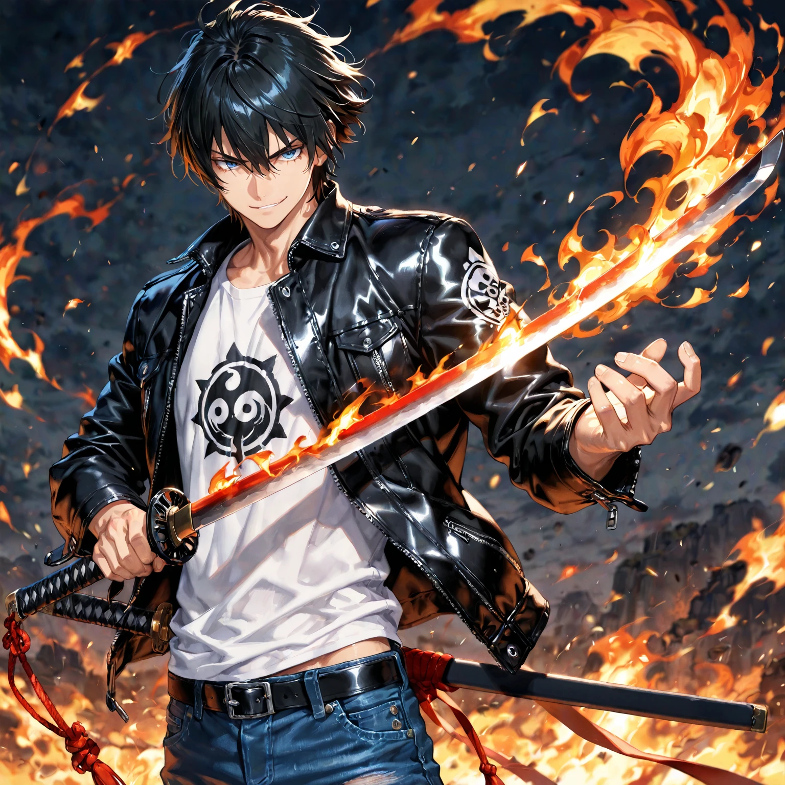 pelo negro, pelo despeinado, cabello corto, vender a menor precio que, tatuaje en el cuello, tatuaje en el brazo, tatuaje en el pecho, Muscle constitution, Black tunic with long sleeves, pantalones negros pegados, wielding a sword, espada mediana, Espada con mango negro y protector de mano rojo vibrante, metallic grey sheet, color de ojos vibrante, ojos amarillos y rojos, close up photography, creando un corte en el espacio-tiempo, aura poderosa, castillo destruido, muy oscuro, noche, 8k, k, High Definition, Obra maestra incomparable, dynamic lighting, cinematographic, Epic digital art of the highest quality., Impresionante arte, fondo de pantalla 4k