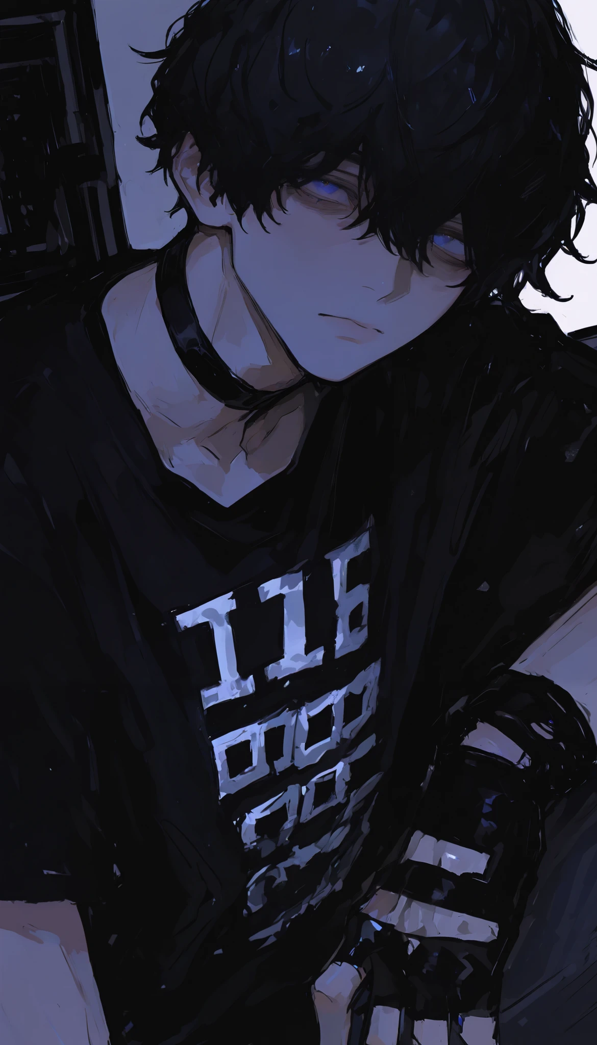 Anime boy with black hair and a black shirt with a white print - SeaArt AI