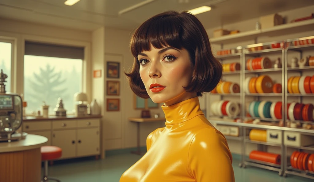 there is a woman standing in a kitchen with a glass vase on the counter, retrofuturism, orange jacket, jenny seville, cinematic still in adam | unity, nausicaa, lola dupre, paprika, inspired by Kathleen Allen, 7 0's kitchen, anamorphic, hi - fructose art magazine, glass and metal : : peugot onyx --auto --s2